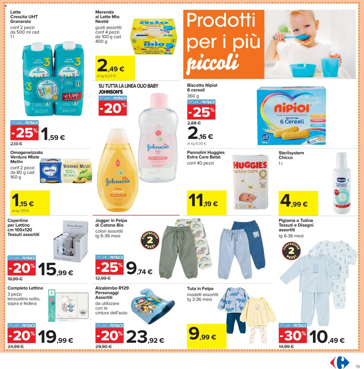 Volantino Carrefour del 02.03.2026 | Pagina: 19 | Prodotti: Pannolini, Cereali, Felpa, Federa