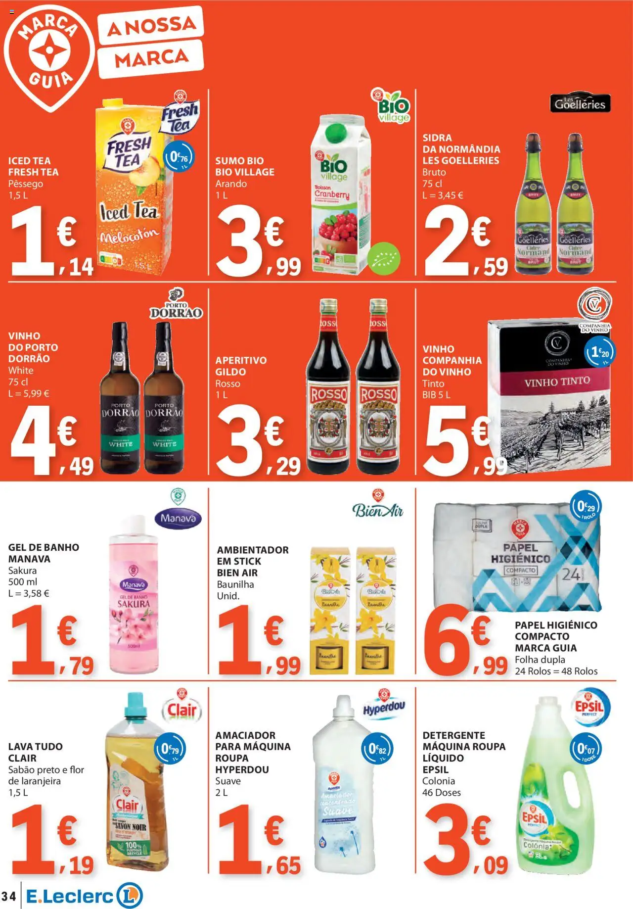 E.Leclerc folheto │ válido de 16.10.2025 | Página: 34 | Produtos: Papel higiénico, Detergente, Banho, Vinho tinto