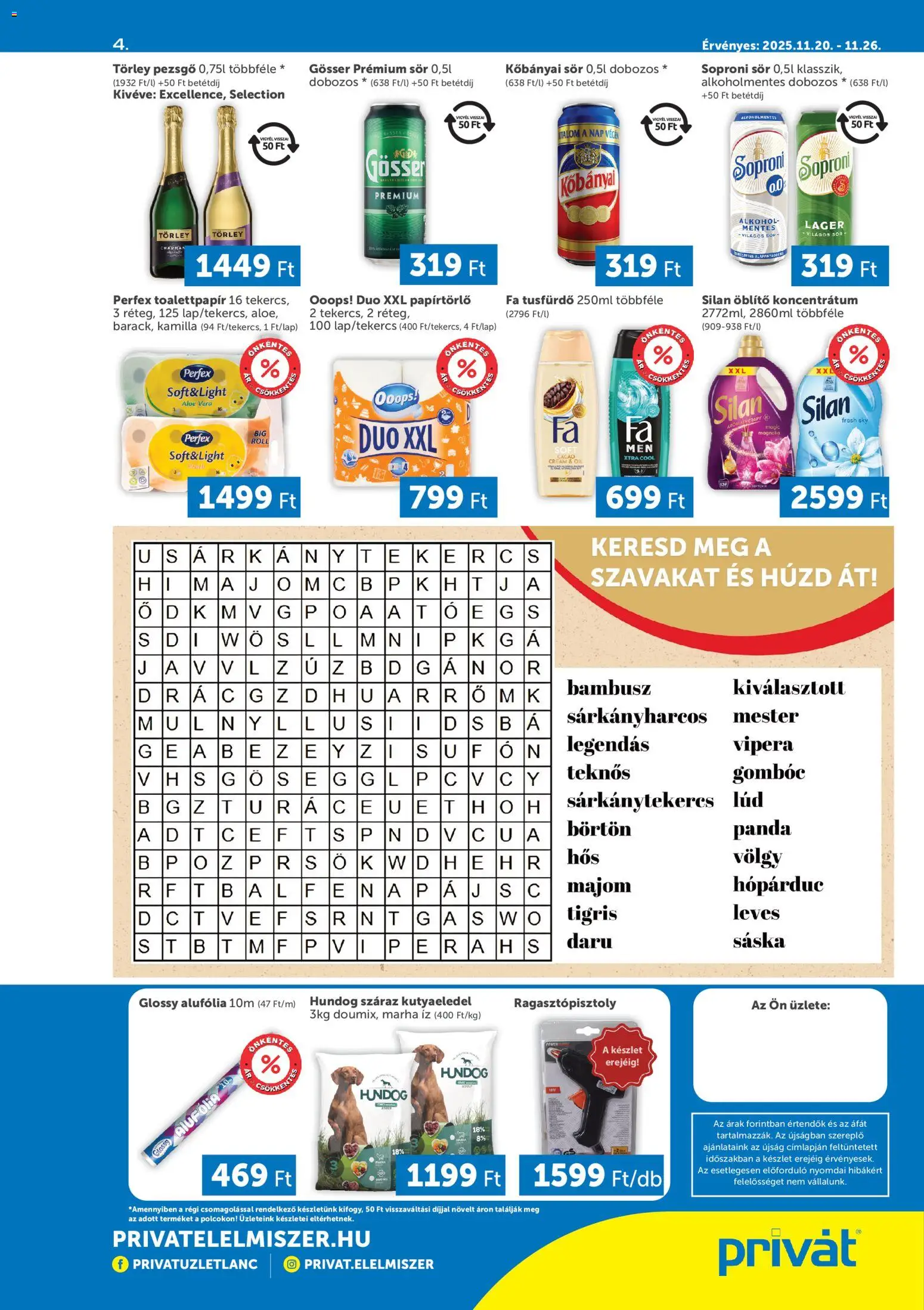 PRIVÁT akciós ujság - amely érvényes a következő dátumtól: 20.11.2025 | Oldal: 4 | Termékek: Törley pezsgő, Gösser, Öblítő, Aloe vera