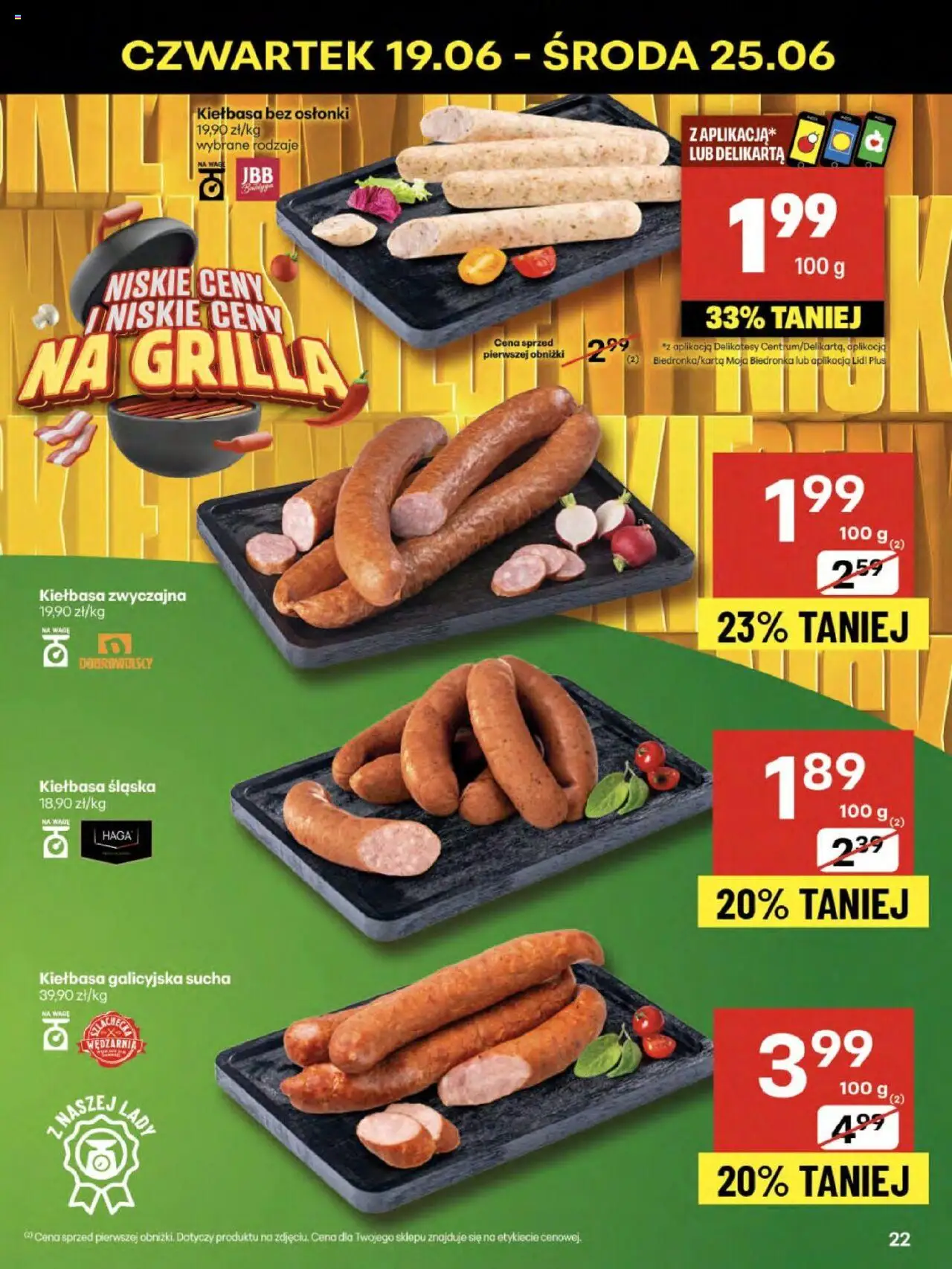 Delikatesy Centrum Gazetka od 19.06.2025 | Strona: 22 | Produkty: Kiełbasa, Delikatesy, Kiełbasa śląska