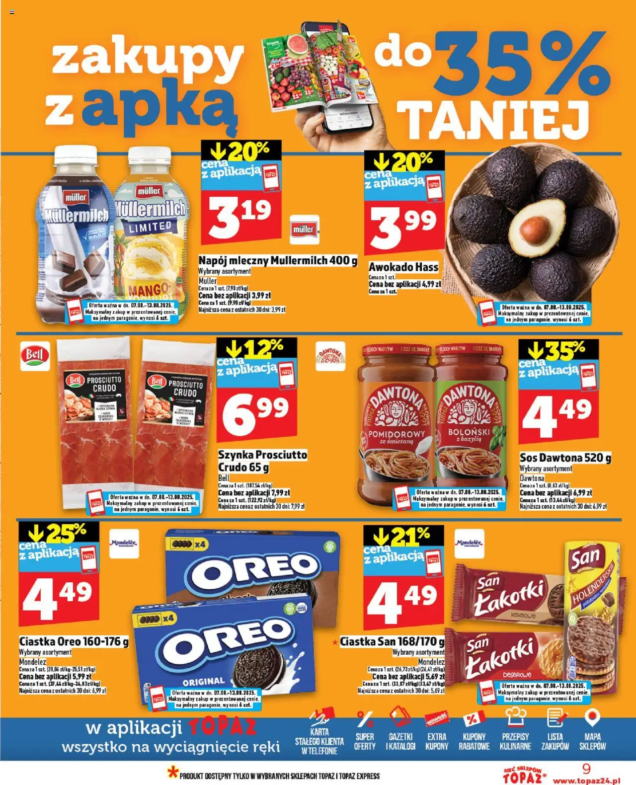 Topaz Gazetka MAZ od 07.08.2025 | Strona: 9 | Produkty: Karta, Szynka prosciutto, Ciastka Oreo, Sos
