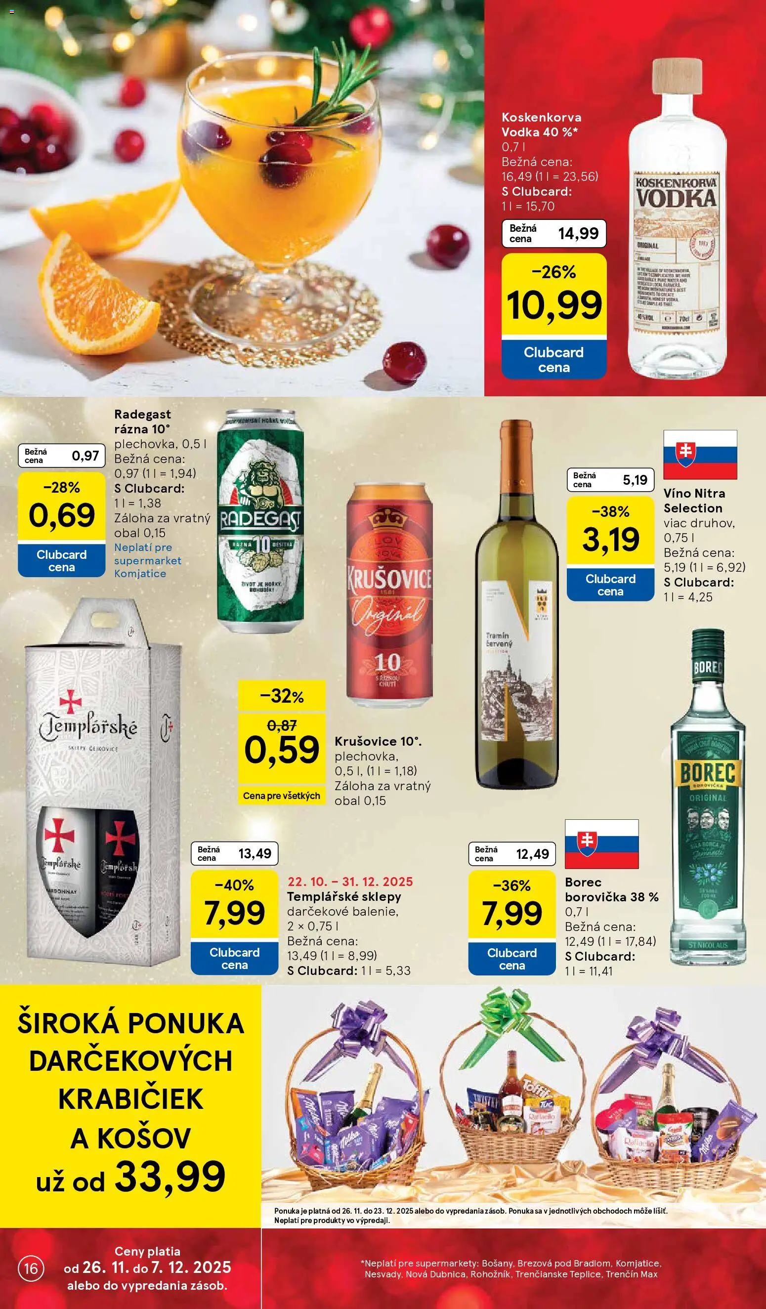 Nové Tesco akcie – leták je platný od 26.11.2025 | Strana: 16 | Produkty: Borovička, Radegast, Krušovice, Vodka