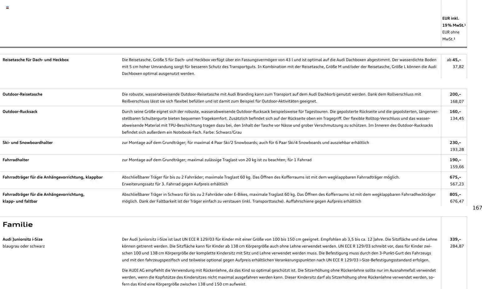 Audi A5 – gültig ab 28.10.2025 | Seite: 167 | Produkte: Tasche, Ski, Wasser, Reisetasche