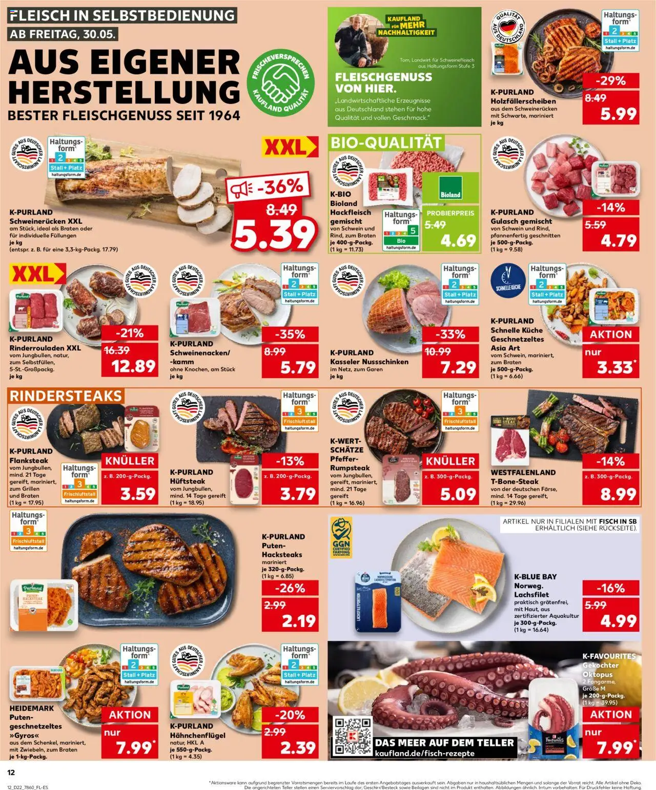 Kaufland Prospekt 	 - gültig ab dem 30.05.2025 | Seite: 12 | Produkte: Rinderrouladen, Fisch, Schweinerucken, Hackfleisch