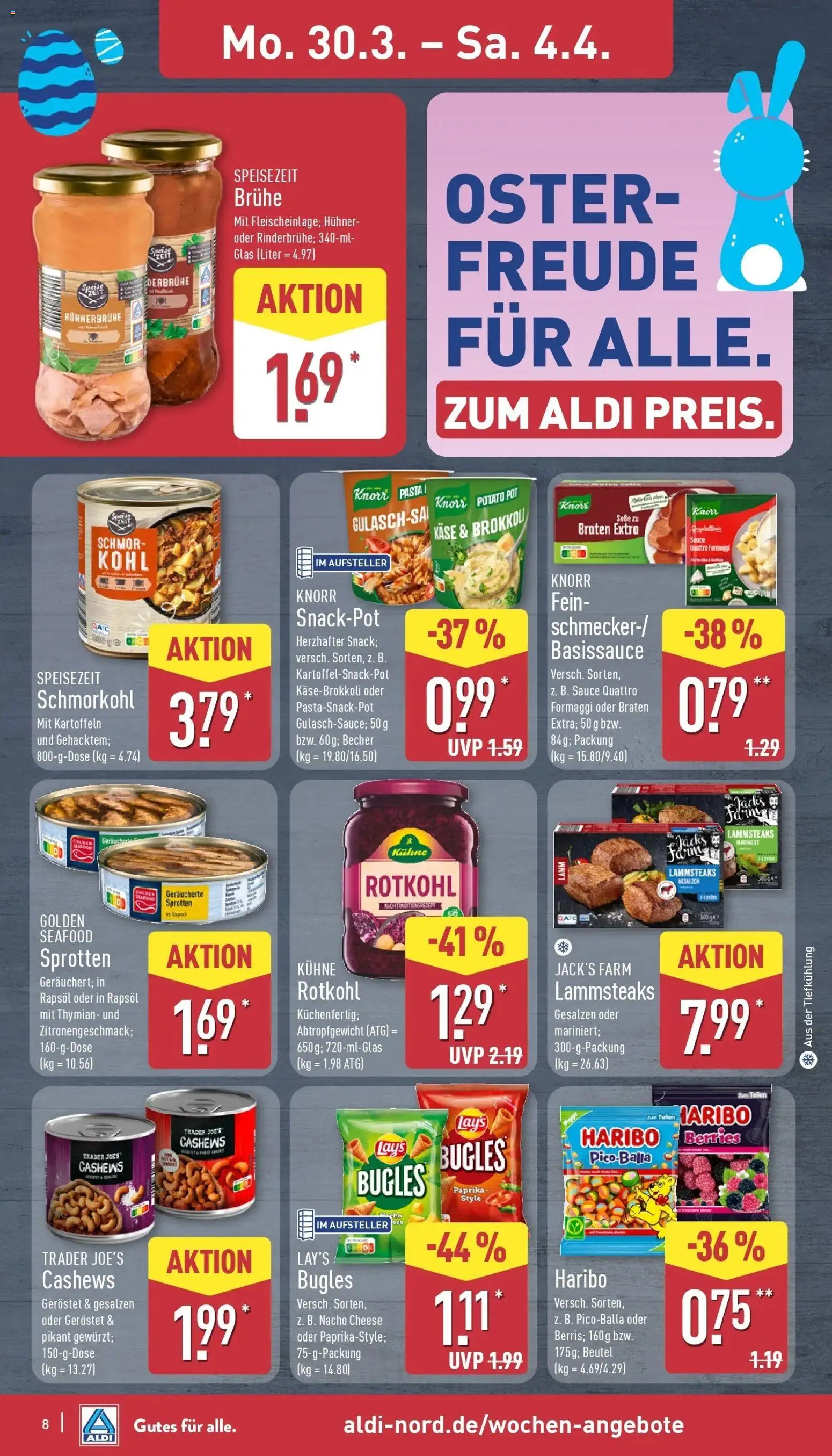 Aldi Wochenangebote – gültig ab 30.03.2026 | Seite: 8 | Produkte: Haribo, Käse, Rapsöl, Knorr
