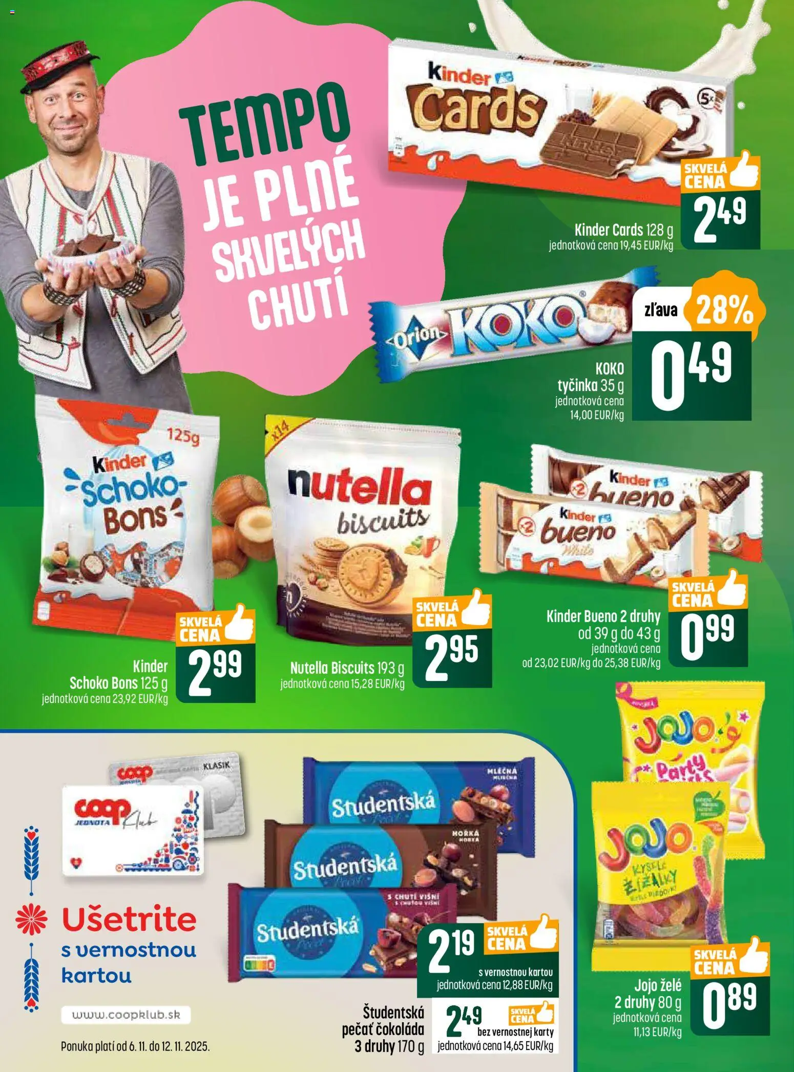 Nové COOP Jednota akcie – leták je platný od 06.11.2025 | Strana: 16 | Produkty: Kinder, Kinder Bueno, Čokoláda, Nutella