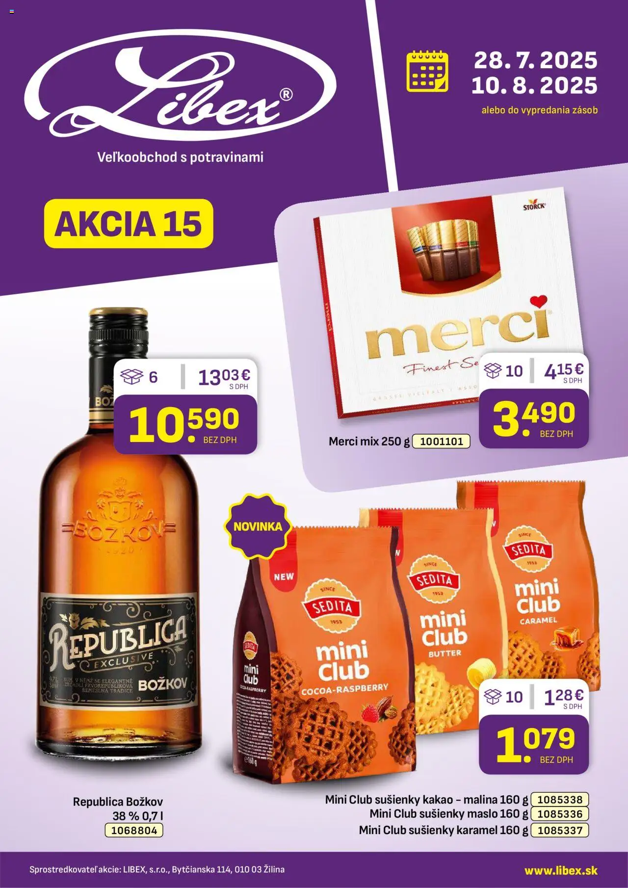 Libex leták │ platný od 28.07.2025 | Strana: 1 | Produkty: Božkov, Merci, Republica, Kakao