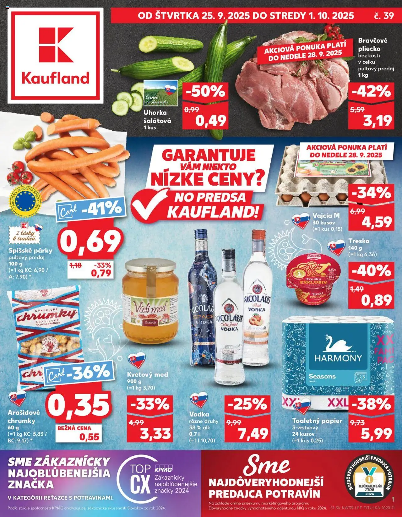 Nové Kaufland akcie – leták je platný od 25.09.2025 | Strana: 1 | Produkty: Toaletný papier, Vodka, Treska, Nicolaus vodka