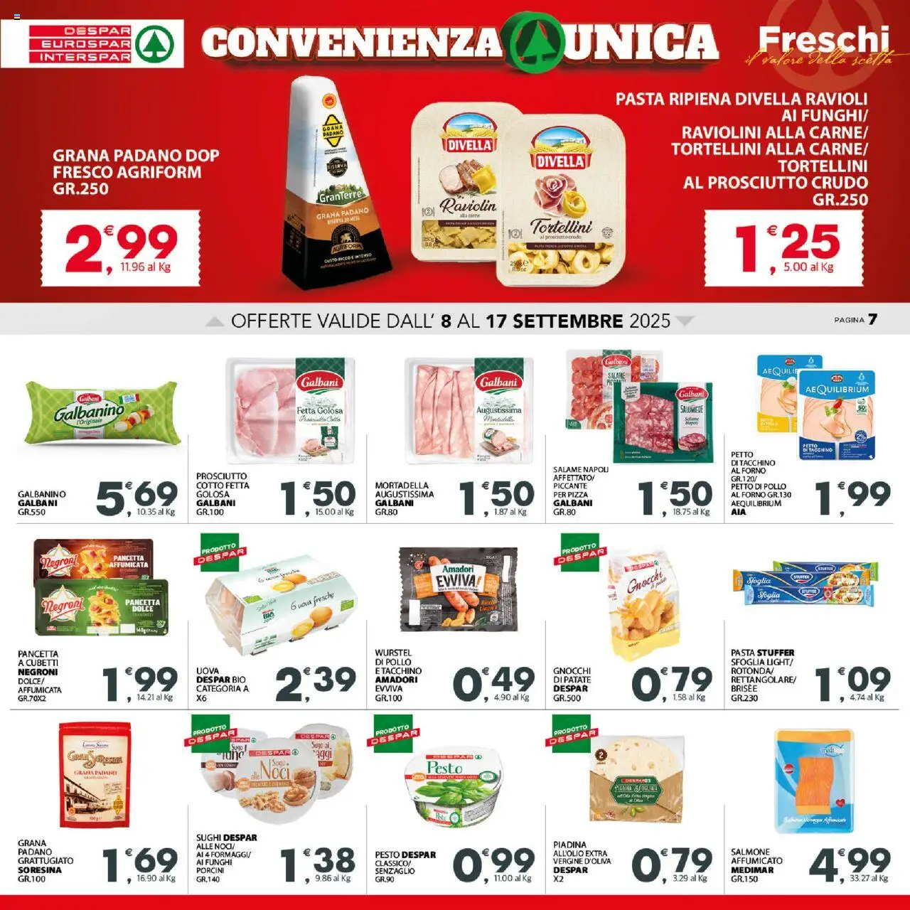 Volantino Despar del 08.09.2025 | Pagina: 8 | Prodotti: Salmone, Pancetta, Wurstel, Ravioli