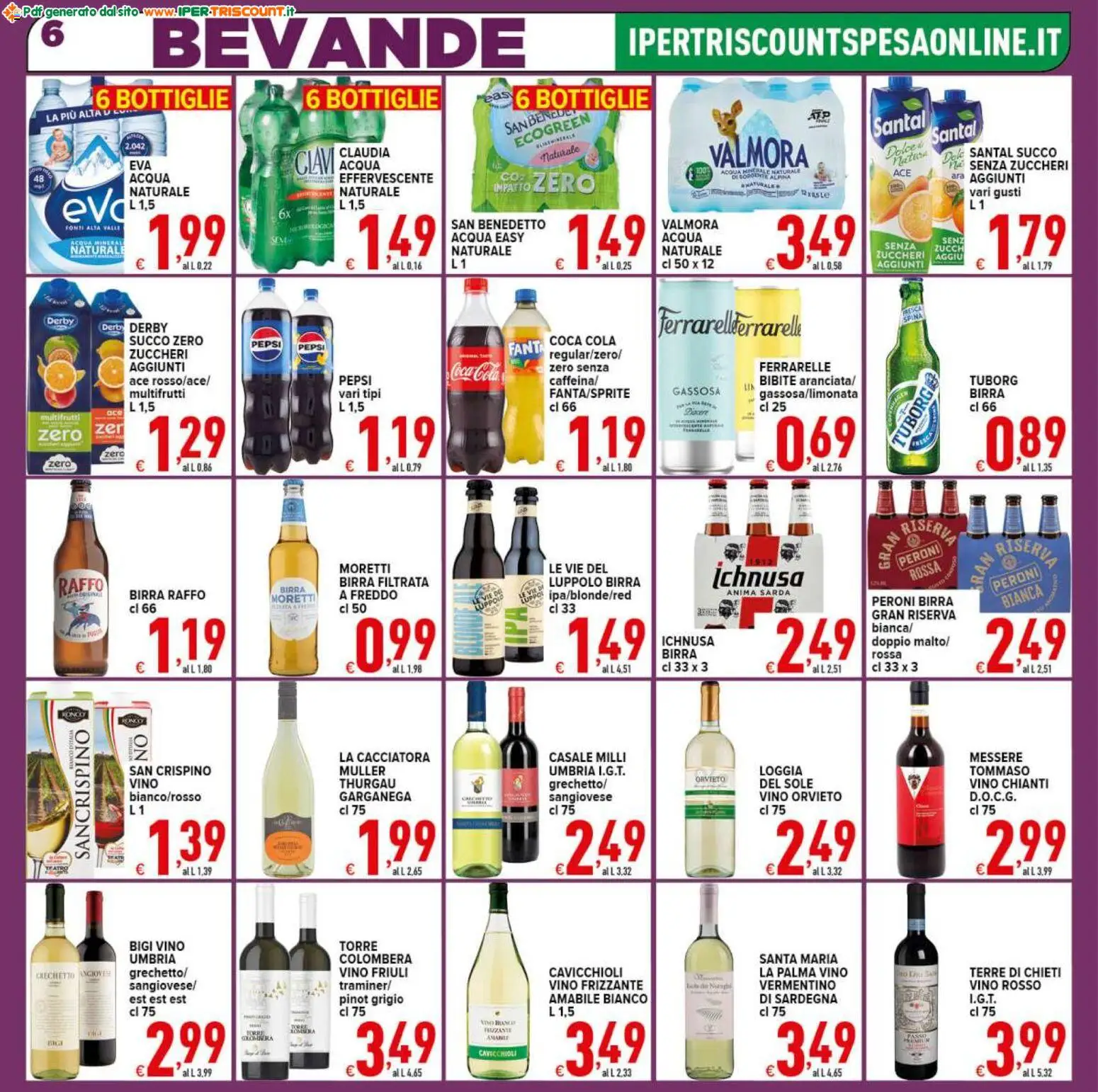 Volantino Ipertriscount del 07.01.2026 | Pagina: 6 | Prodotti: Birra, Acqua naturale, Vino rosso, Coca Cola Zero