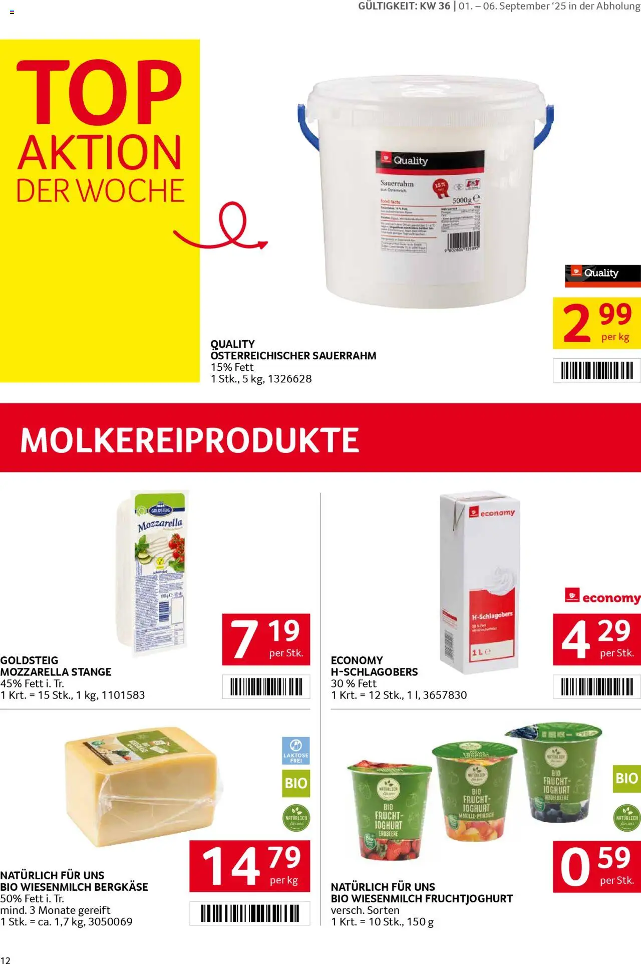 Transgourmet Flugblatt gültig ab 31.08.2025 | Seite: 12 | Produkte: Pfirsich, Joghurt, Sauerrahm