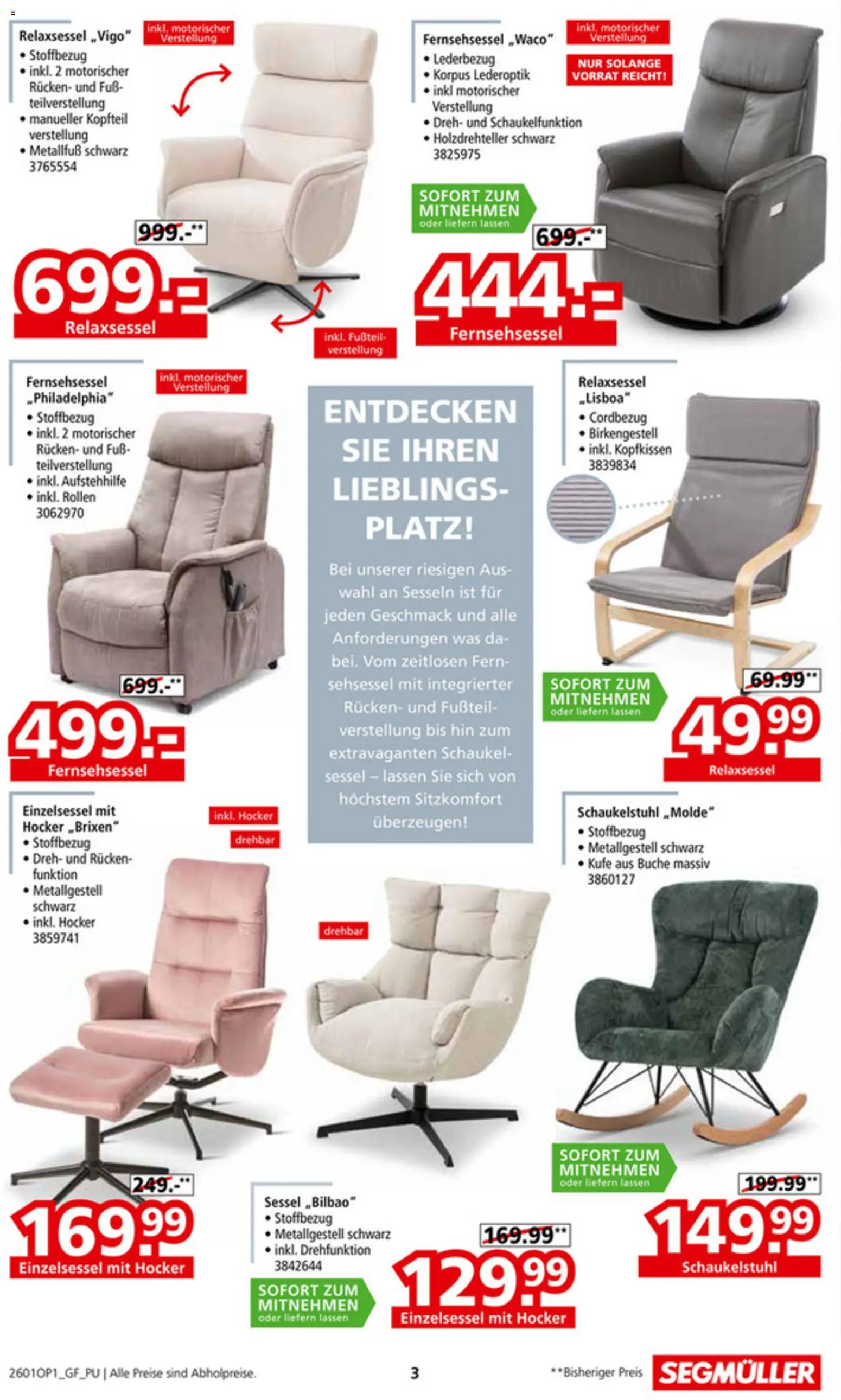 Segmüller Sessel Spezial – gültig ab 29.12.2025 | Seite: 3 | Produkte: Hocker, Relaxsessel, Fernsehsessel, Kopfkissen