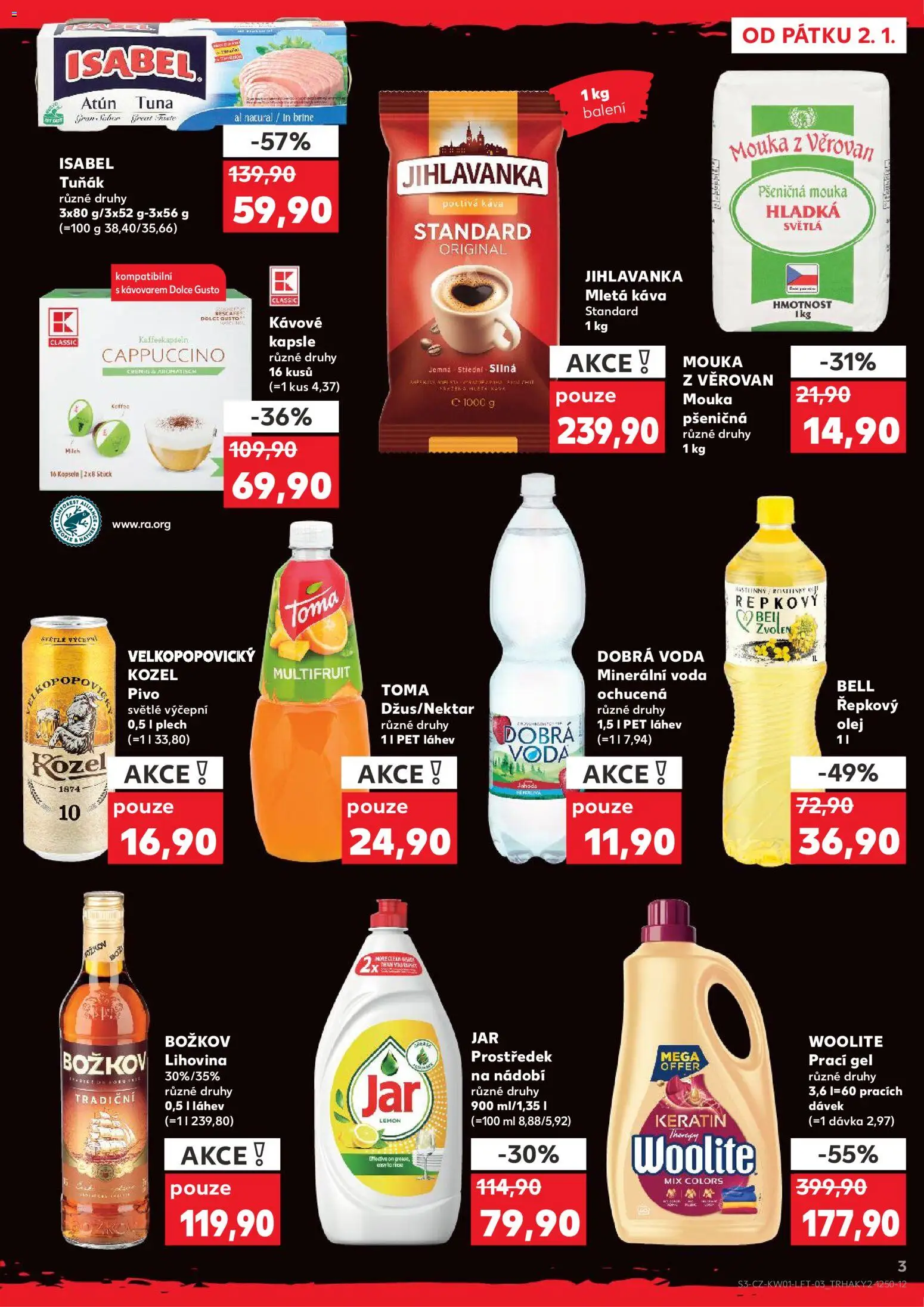 Kaufland leták - Plzeň od 02.01.2026 | Strana: 3 | Produkty: Voda, Kávové kapsle, Božkov, Mletá káva
