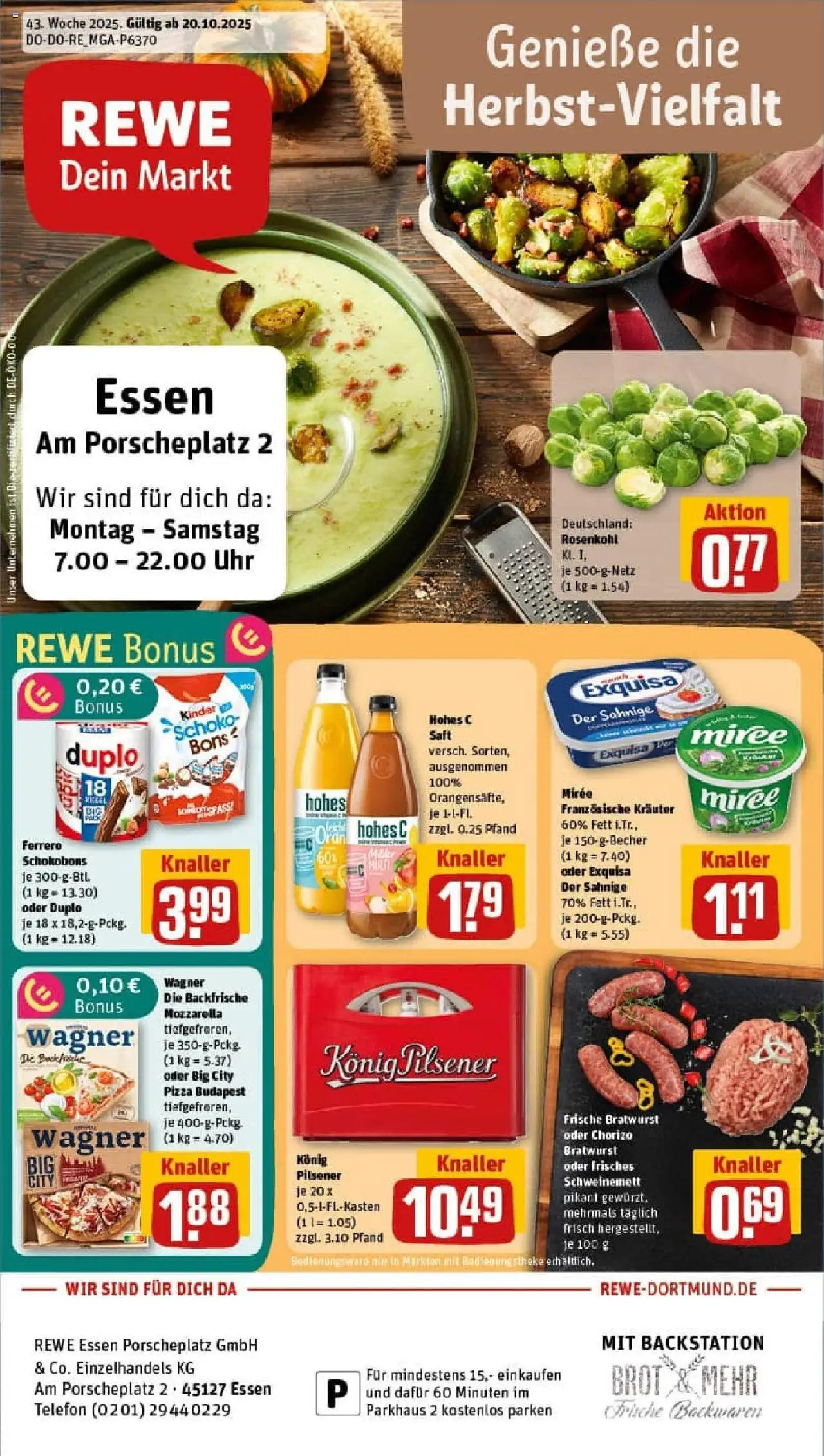 Rewe prospekt Essen	 – gültig ab 19.10.2025 | Seite: 1 | Produkte: Mozzarella, Exquisa, Saft, Uhr
