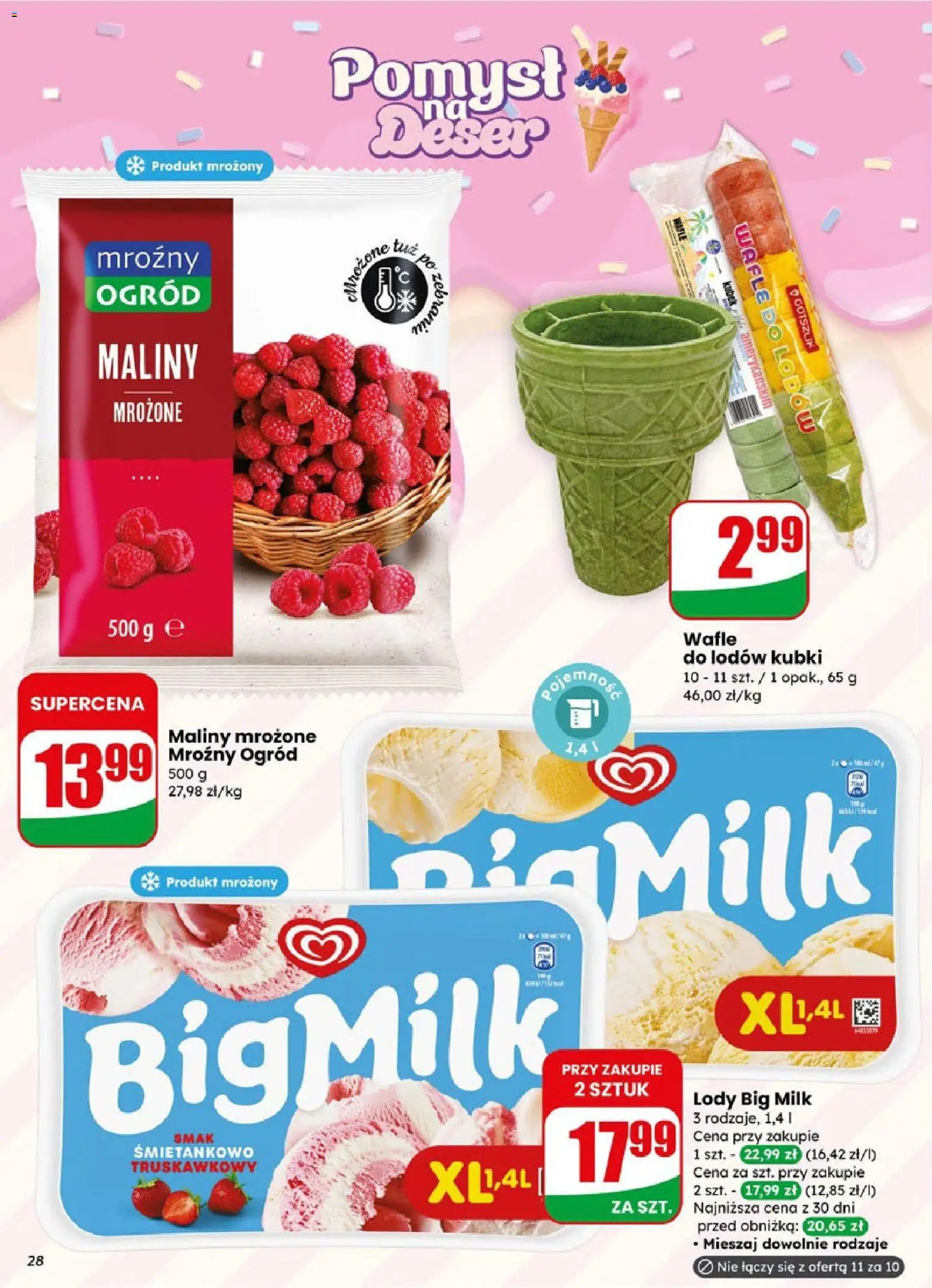 Dino gazetka od 08.04.2026 | Strona: 28 | Produkty: Maliny, Wafle, Big Milk, Lody