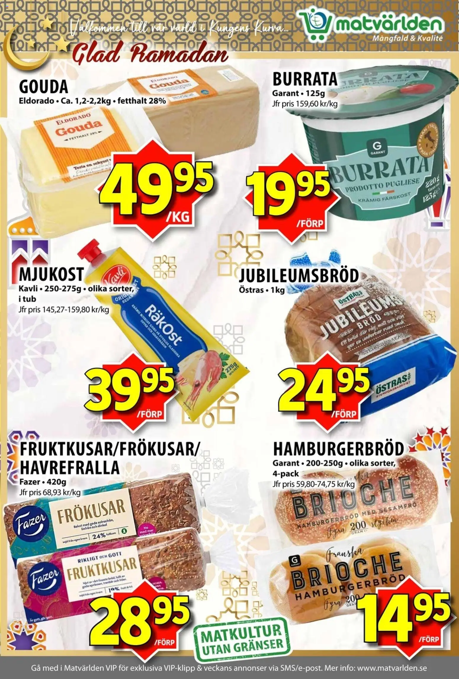 Matvärlden reklamblad aktuell från 09.03.2026 | Sida: 4 | Produkter: Räkost, Burrata, Hamburgerbröd, Mjukost