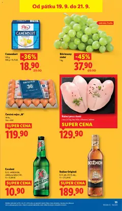 Čerstvá vejce „M“, 30 ks, 1 ks = 4 Kč od 18.09.2025 | Strana: 49 | Produkty: Bílé hrozny, Božkov, Camembert, Láhev