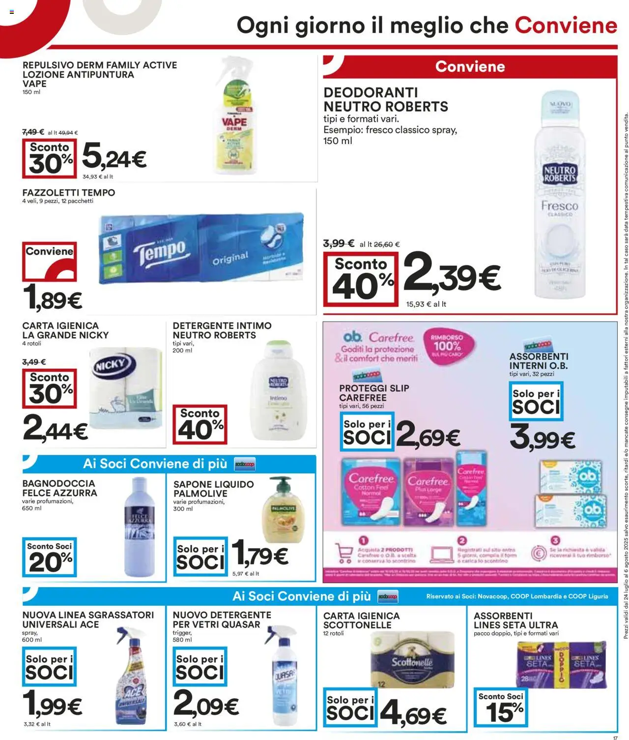 Volantino COOP del 24.07.2025 | Pagina: 17 | Prodotti: Proteggi slip, Detergente, Fazzoletti, Intimo