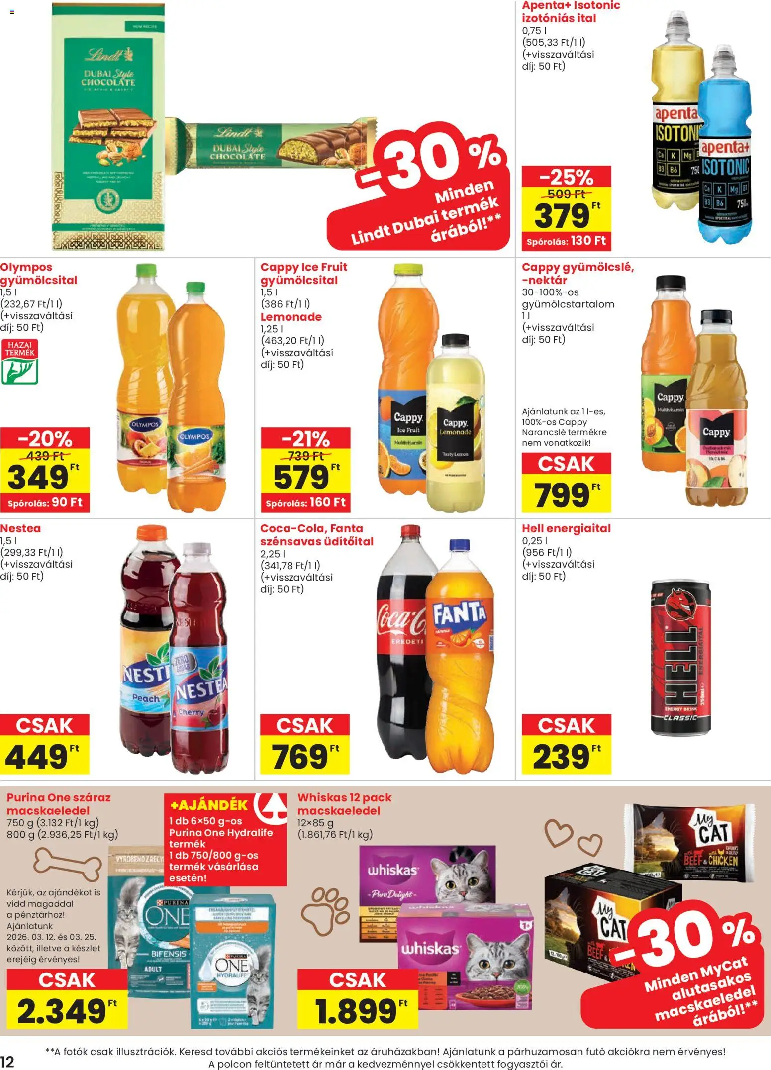 Spar akciós ujság - amely érvényes a következő dátumtól: 12.03.2026 | Oldal: 12 | Termékek: Fanta, Macskaeledel, Purina one, Narancslé