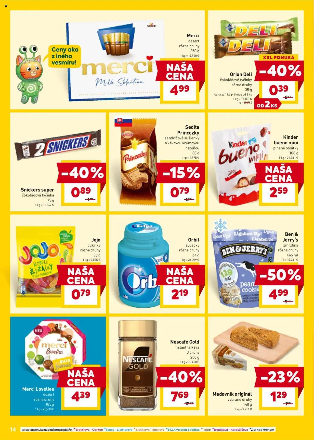 Nové Billa akcie – leták je platný od 08.10.2025 | Strana: 14 | Produkty: Merci, Kinder, Cukríky, Nescafé Gold