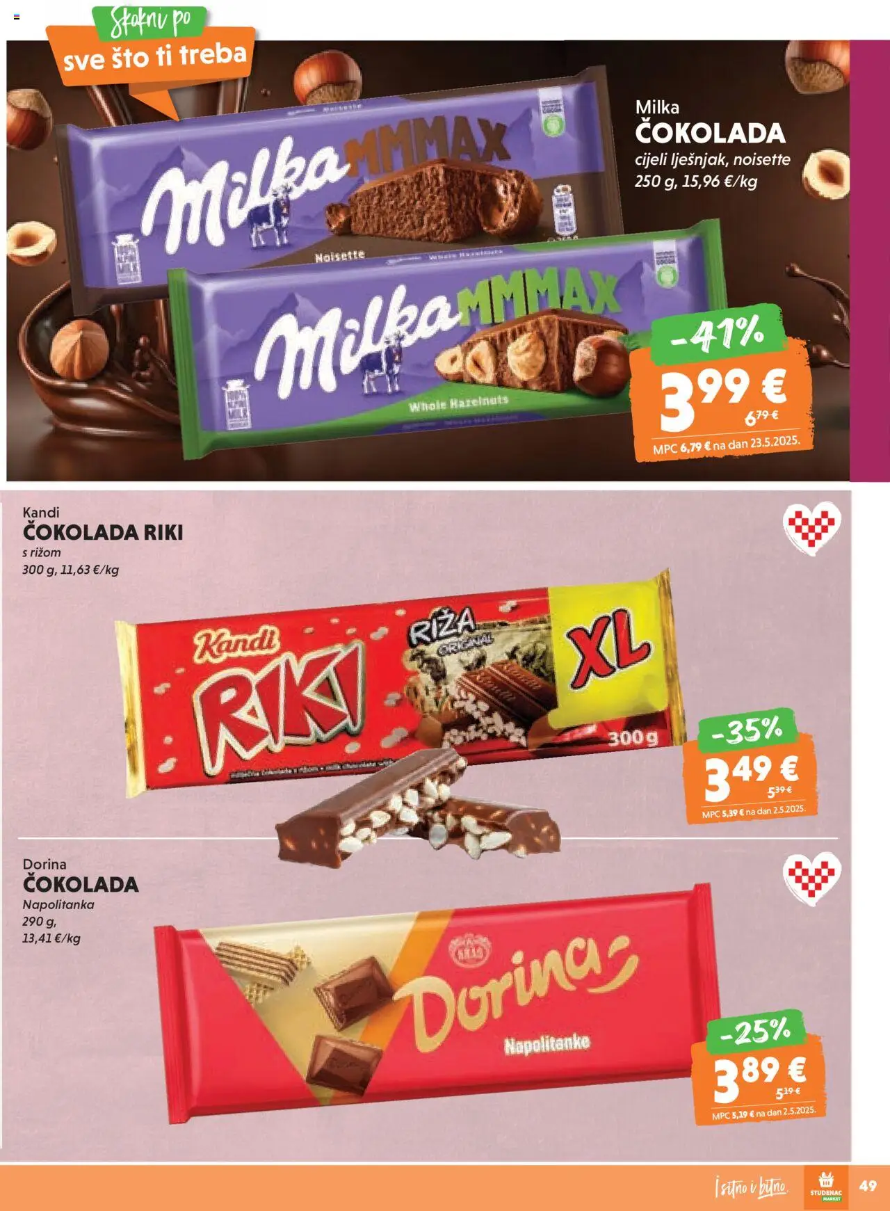 Studenac katalog | vrijedi od 13.08.2025 | Stranica: 49 | Proizvodi: Dorina, Čokolada, Riža, Napolitanke