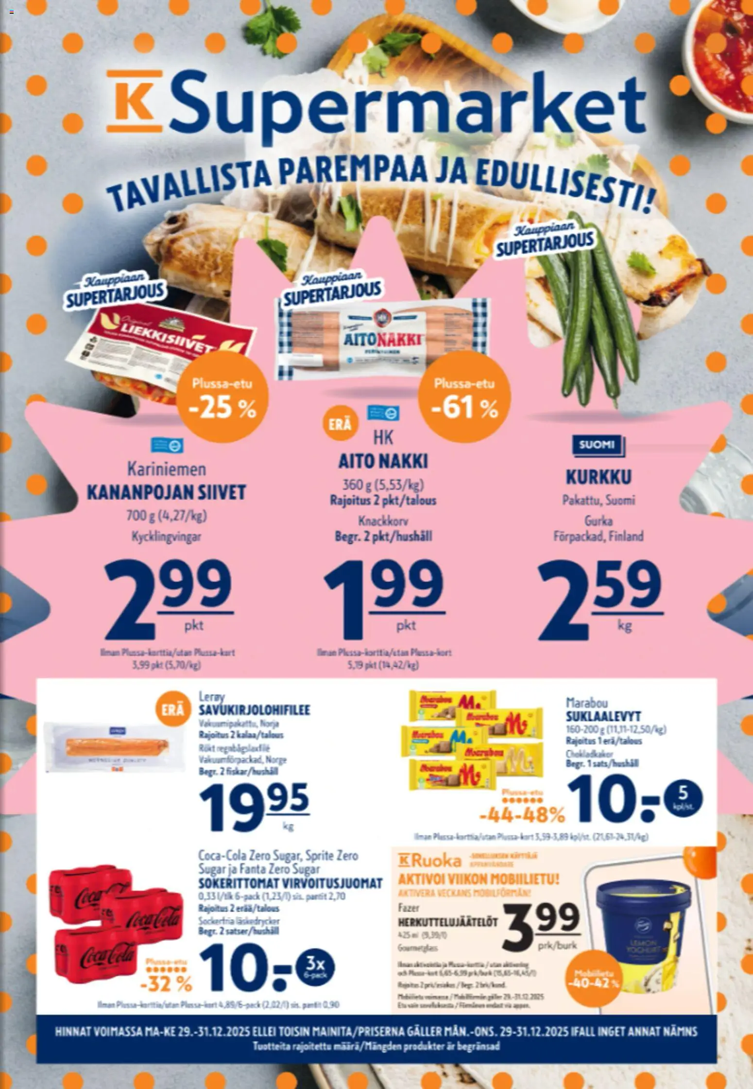 K-Supermarket tarjoukset – voimassa 29.12.2025 alkaen | Sivu: 1 | Tuotteet: Sprite, Coca cola, Suklaalevyt, Fanta