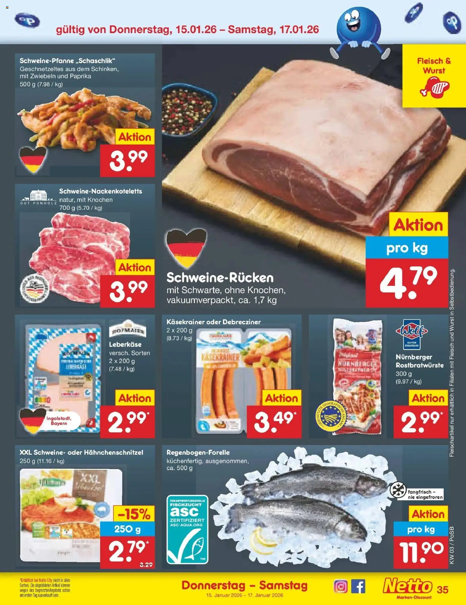 Netto Marken-Discount prospekt Regensburg	 – gültig ab 12.01.2026 | Seite: 39 | Produkte: Käsekrainer, Wurst, Fleisch, Leberkase
