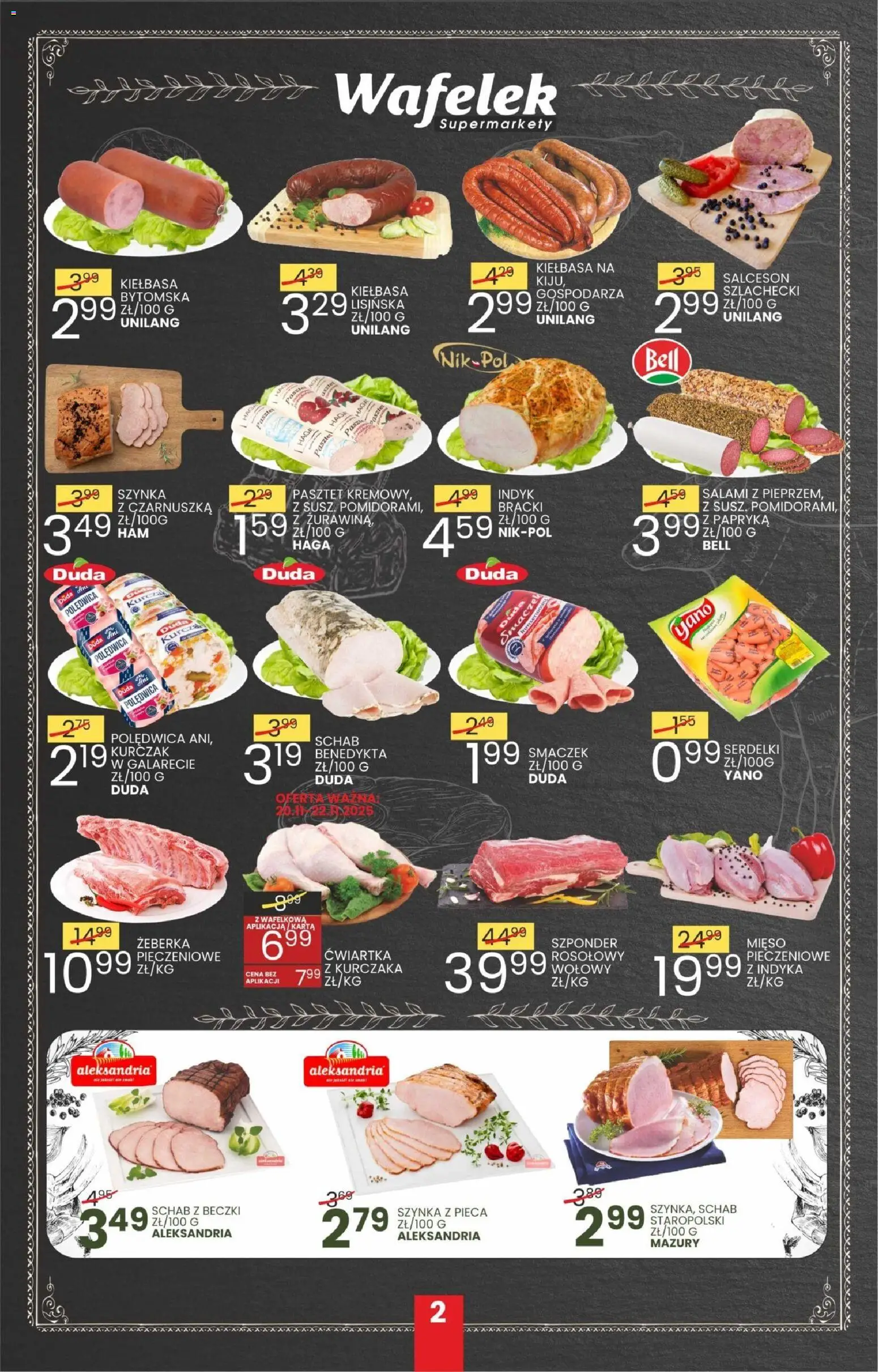 Wafelek Gazetka od 10.11.2025 | Strona: 2 | Produkty: Kiełbasa, Kurczak, Schab, Salami