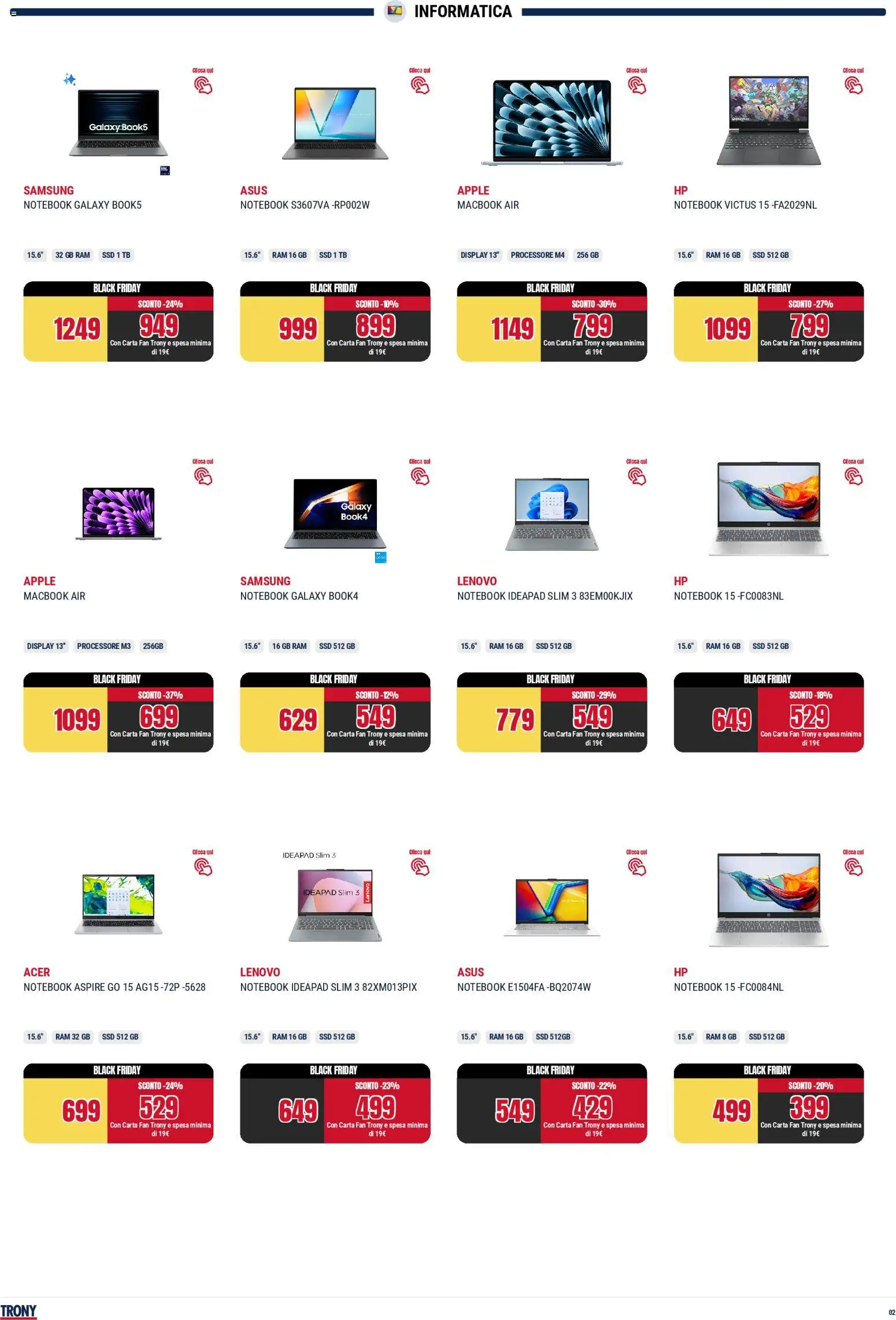 Volantino Trony del 25.11.2025 | Pagina: 2 | Prodotti: Notebook, Macbook air, Macbook, Samsung