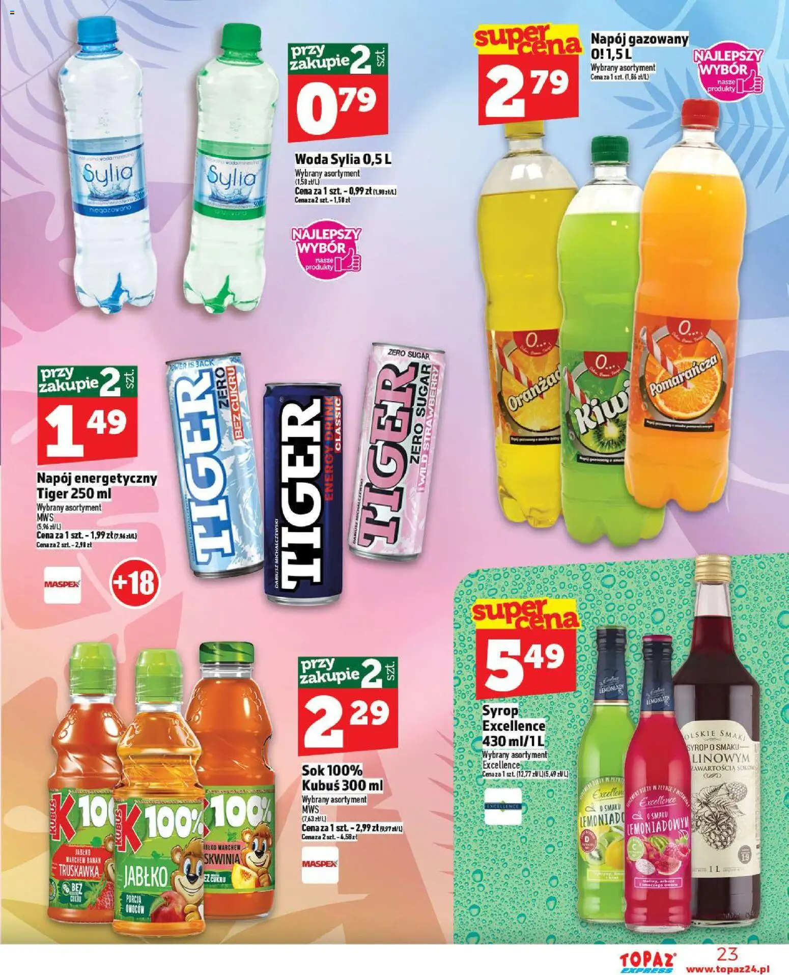 Topaz Gazetka - Express od 30.10.2025 | Strona: 23 | Produkty: Syrop, Sok, Banan, Woda