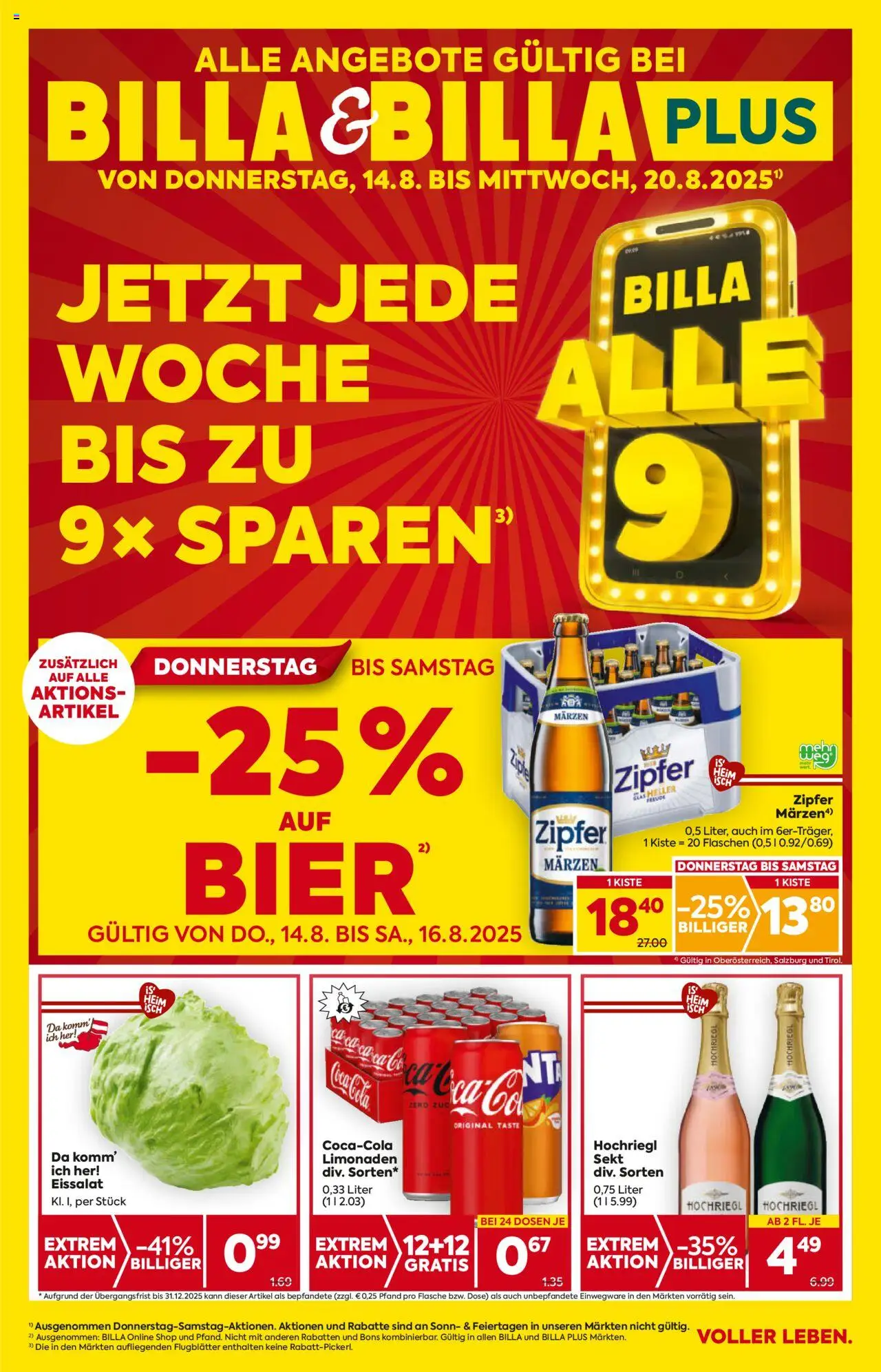 Billa AT akciós ujság - amely érvényes a következő dátumtól: 14.08.2025 | Oldal: 1 | Termékek: Coca Cola, Cola