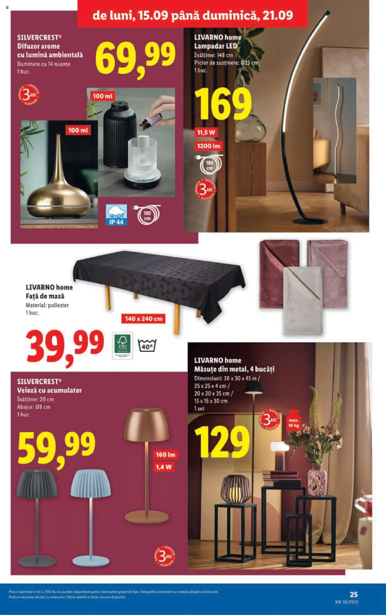 Noul catalog Lidl – valabil de la 15.09.2025 | Pagină: 25 | Produse: Difuzor, Față de masă, Masă, Veioză