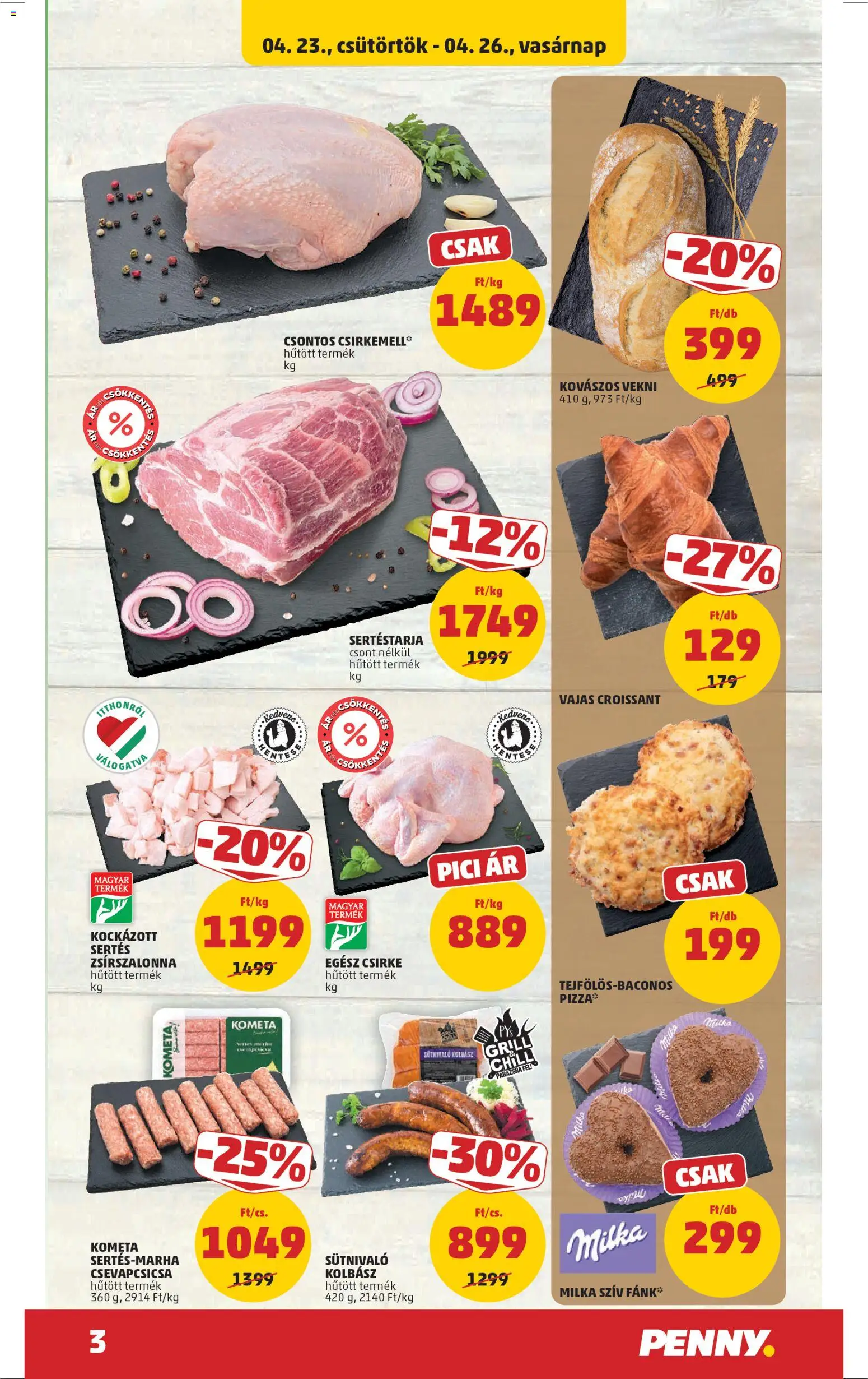 PENNY akciós ujság - amely érvényes a következő dátumtól: 23.04.2026 | Oldal: 3 | Termékek: Sertéstarja, Fánk, Egész csirke, Grill
