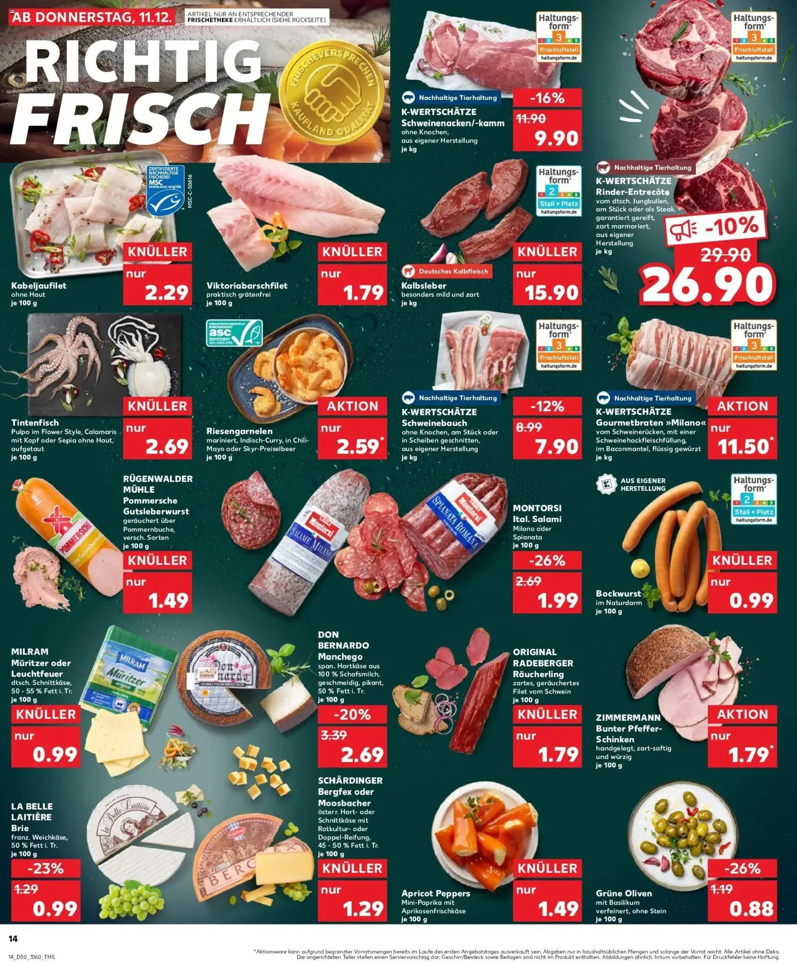 Kaufland prospekt Cottbus	 – gültig ab 11.12.2025 | Seite: 14 | Produkte: Tintenfisch, Kalbsleber, Milram, Schinken