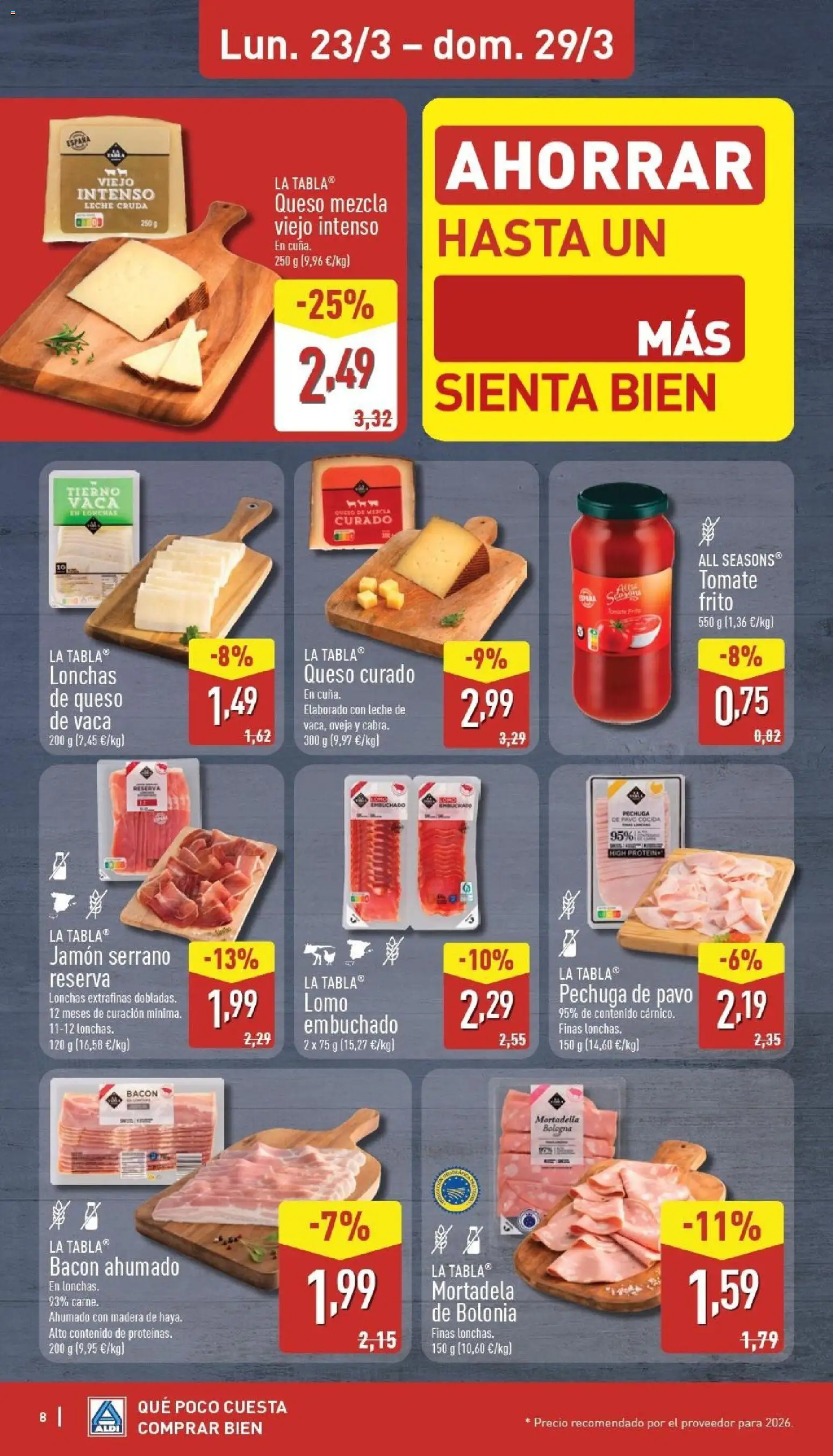 Aldi folleto Canarias │ válido desde el 23.03.2026 | Página: 8 | Productos: Jamón serrano, Queso de vaca, Jamón, Mortadela