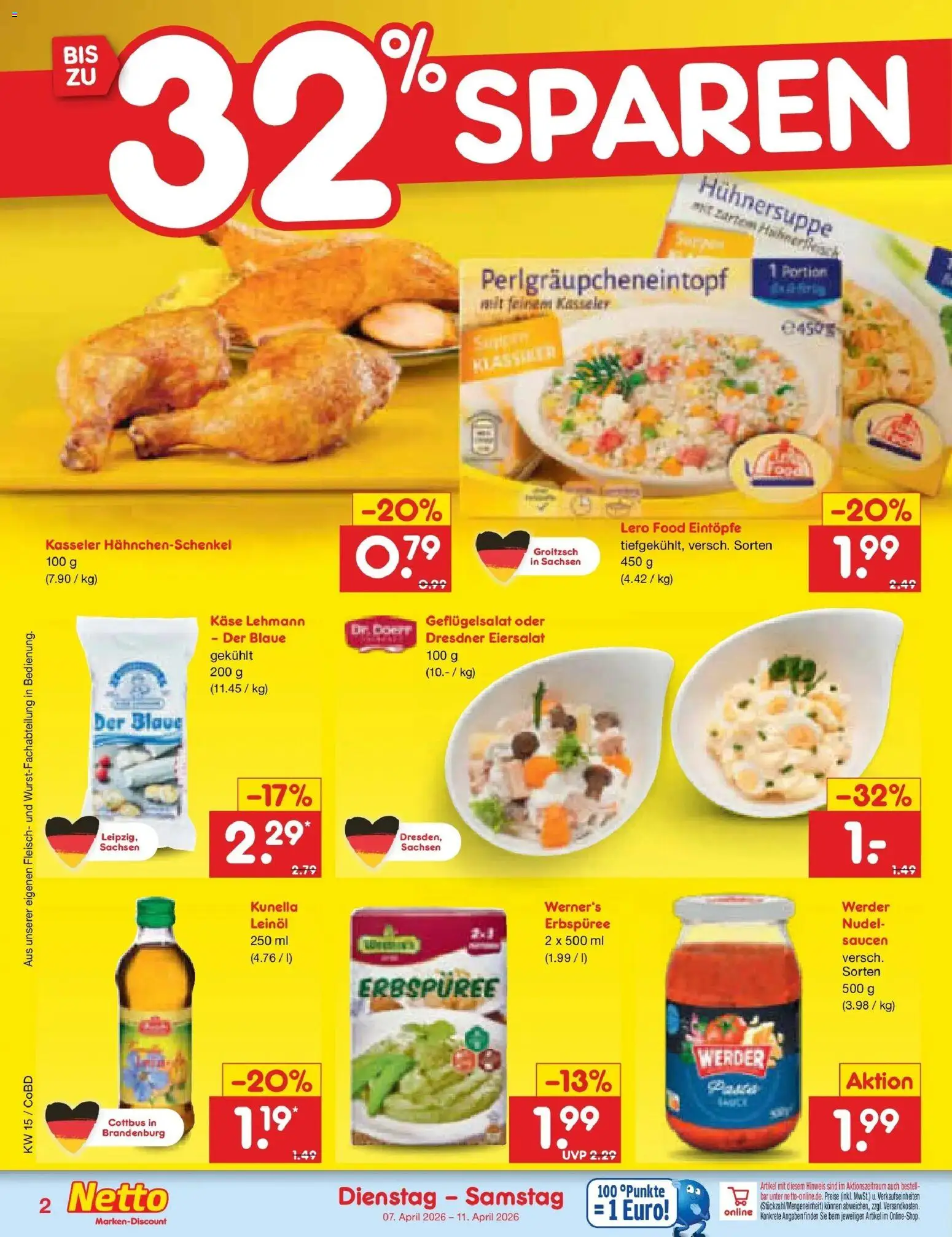 Netto Marken-Discount Prospekt Delitzsch	 – gültig ab 07.04.2026 | Seite: 28 | Produkte: Hahnchenschenkel, Käse, Leinöl, Fleisch