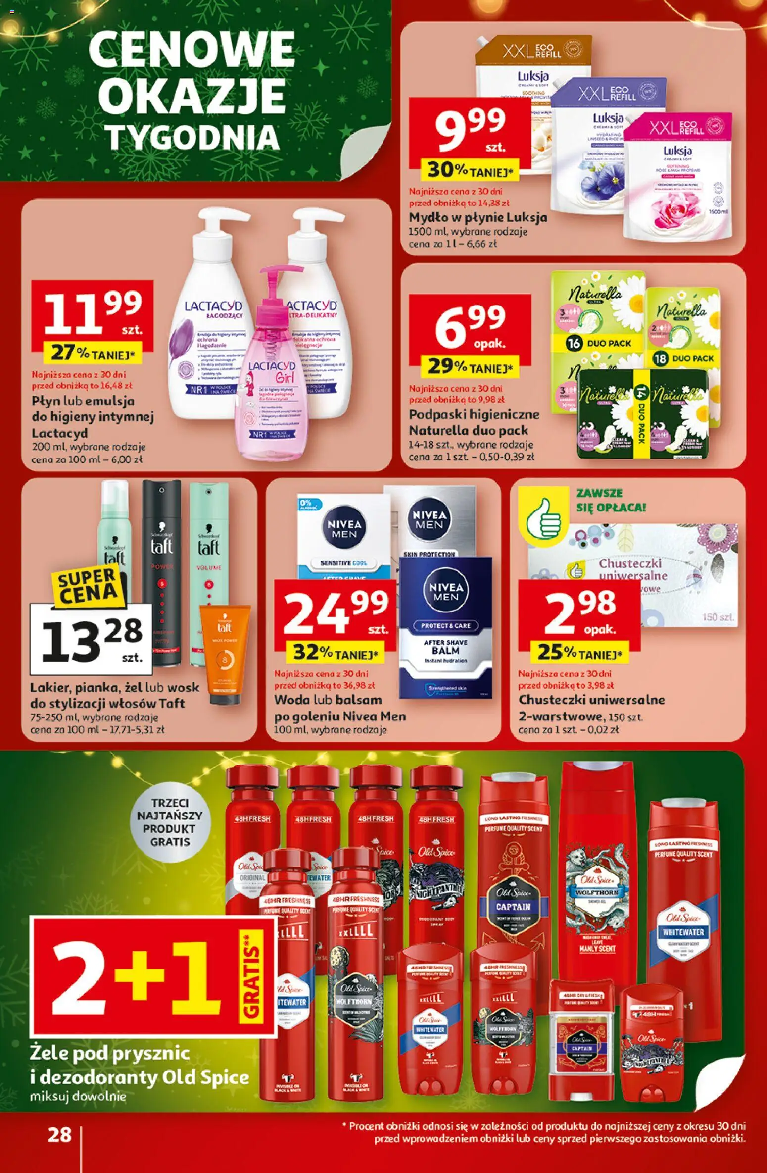 Auchan Gazetka - Święta jak babcię kocham Hipermarket od 18.12.2025 | Strona: 28 | Produkty: Mydło w płynie, Podpaski, Prysznic, Old spice