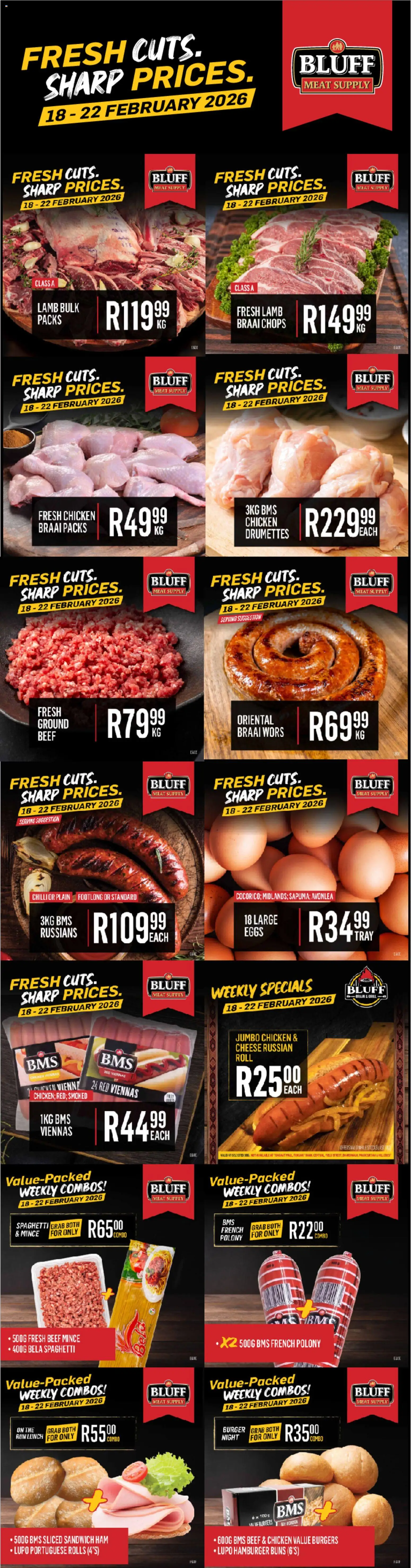 New Bluff Meat Supply catalogue – valid from 18.02.2026 | Page: 1 | Products: Grill, Eggs, Beef, Burgers