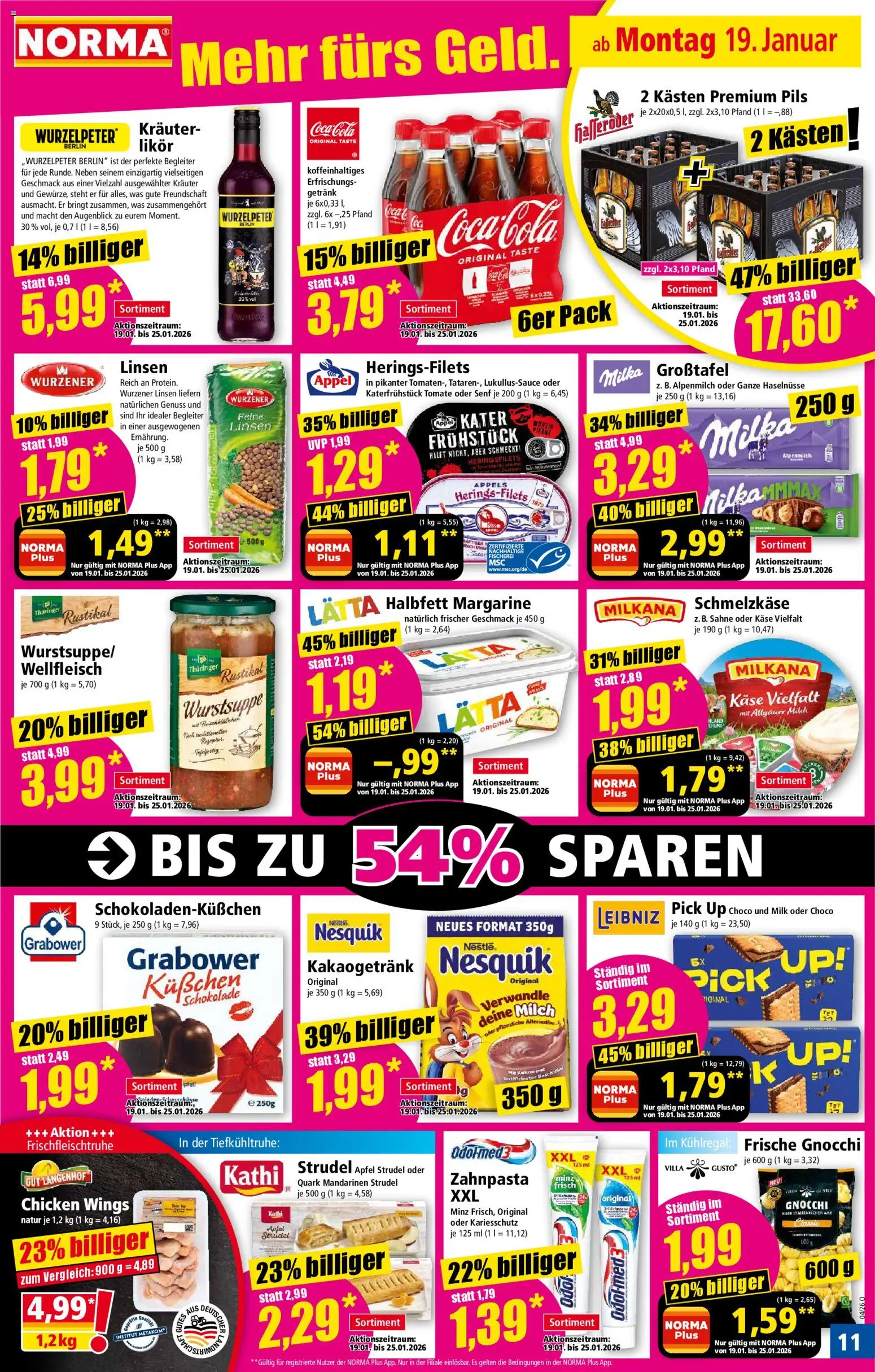 Norma Prospekt 	 – gültig ab 19.01.2026 | Seite: 11 | Produkte: Coca cola, Käse, Schokolade, Milka