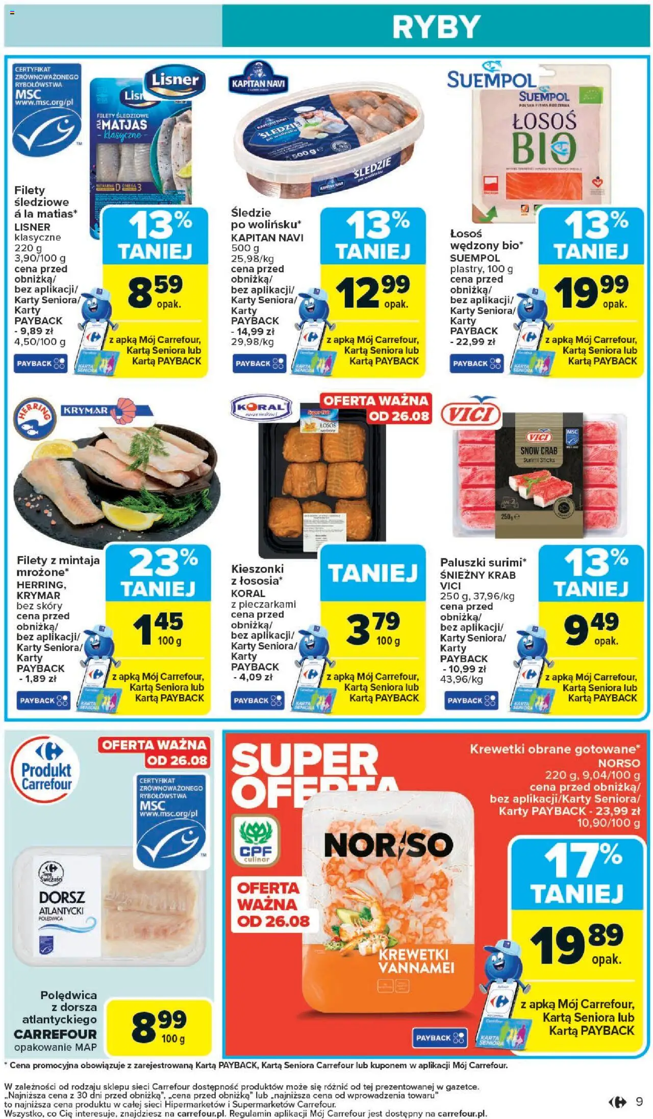 Carrefour Gazetka od 25.08.2025 | Strona: 9 | Produkty: Śledzie lisner, Krewetki, Łosoś, Ryby