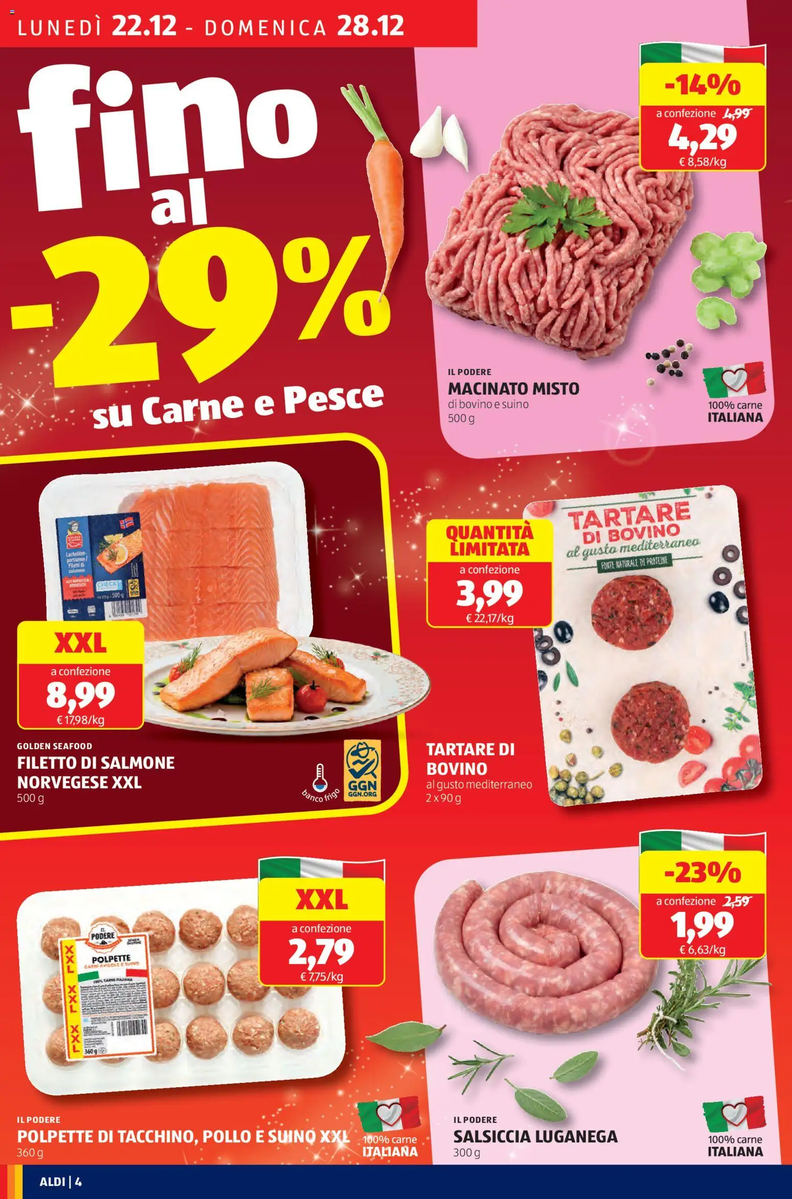 Volantino Aldi del 22.12.2025 | Pagina: 4 | Prodotti: Salmone, Suino, Salsiccia, Polpette
