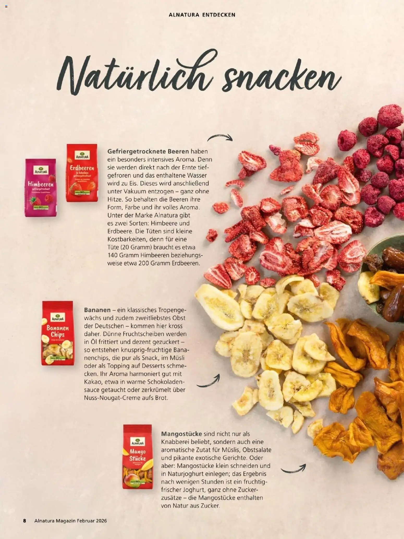 Alnatura Prospekt – gültig ab 01.02.2026 | Seite: 8 | Produkte: Bananen, Zucker, Brot, Chips