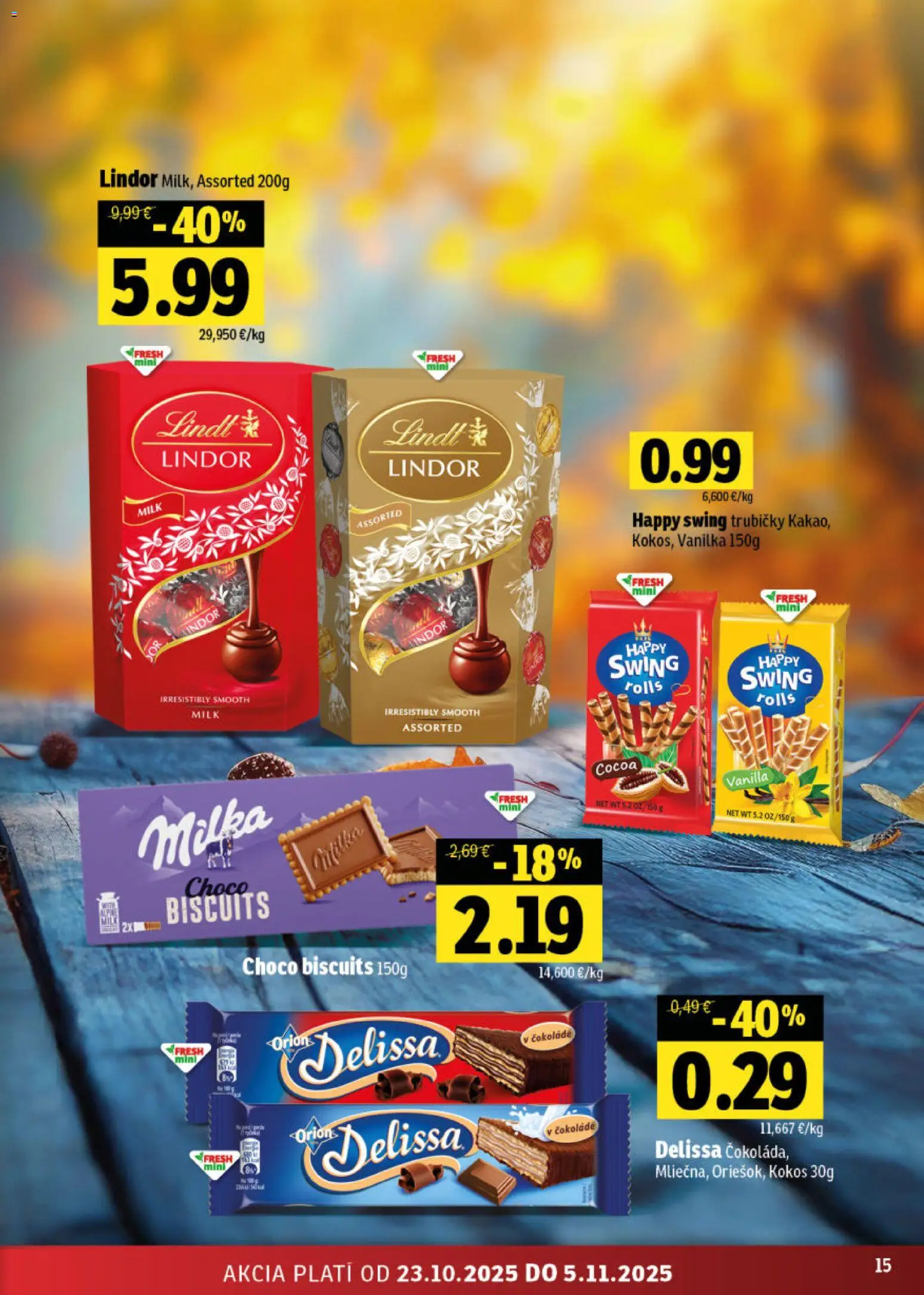 Nové Fresh akcie – leták je platný od 23.10.2025 | Strana: 15 | Produkty: Lindor, Lindt, Čokoláda, Milka