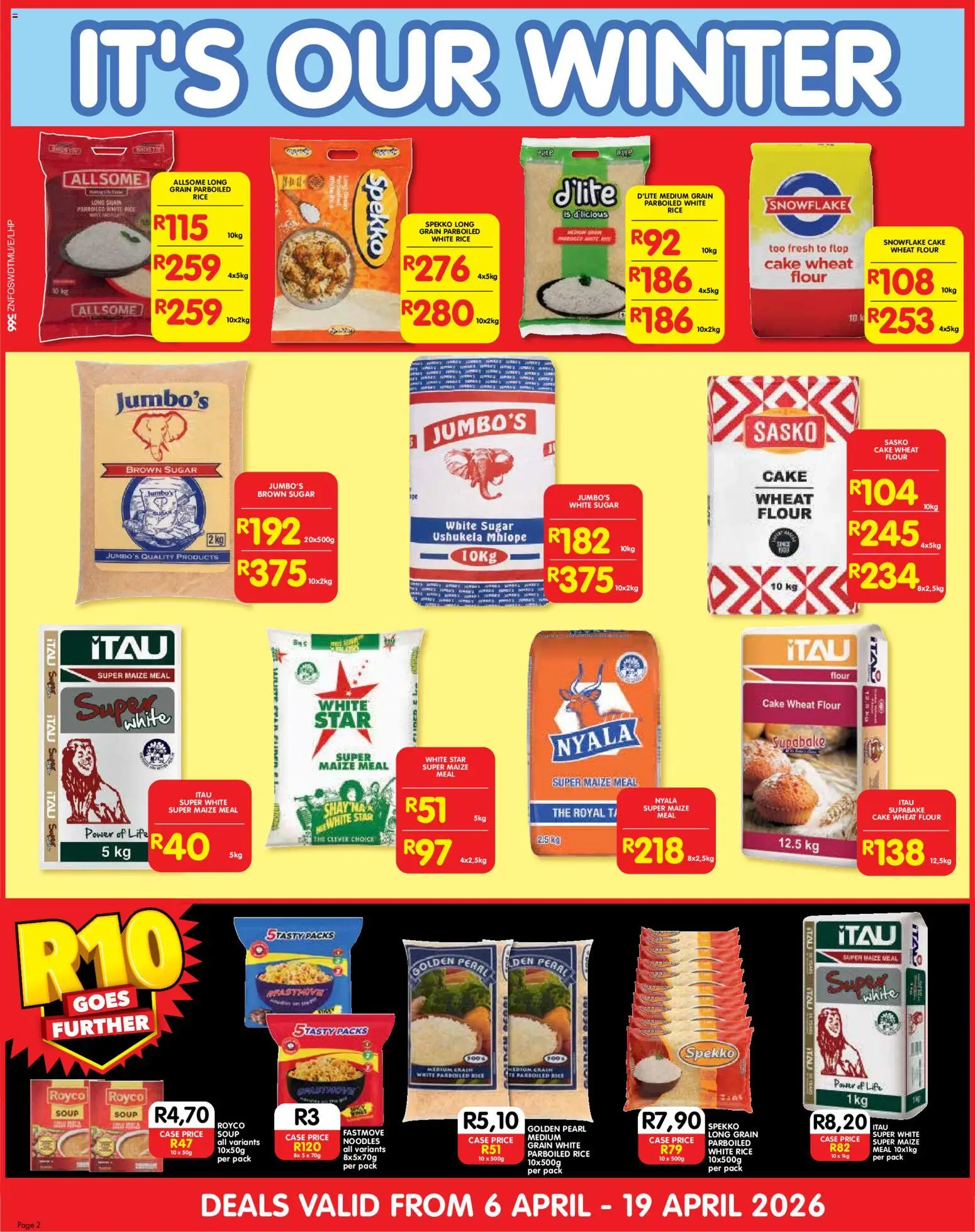 New Shoprite catalogue – valid from 06.04.2026 | Page: 2 | Products: Cake, Maize meal, Noodles, Soup