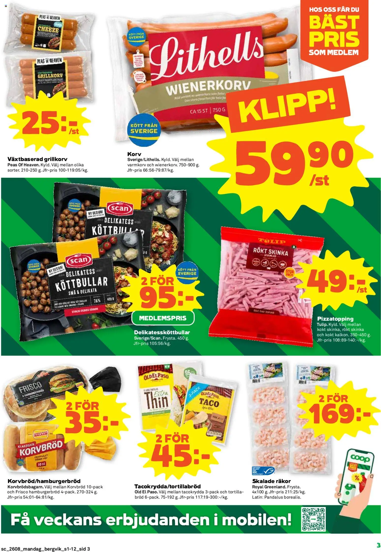 Stora Coop reklamblad aktuell från 16.02.2026 | Sida: 3 | Produkter: Varmkorv, Korvbröd, Räkor, Grillkorv