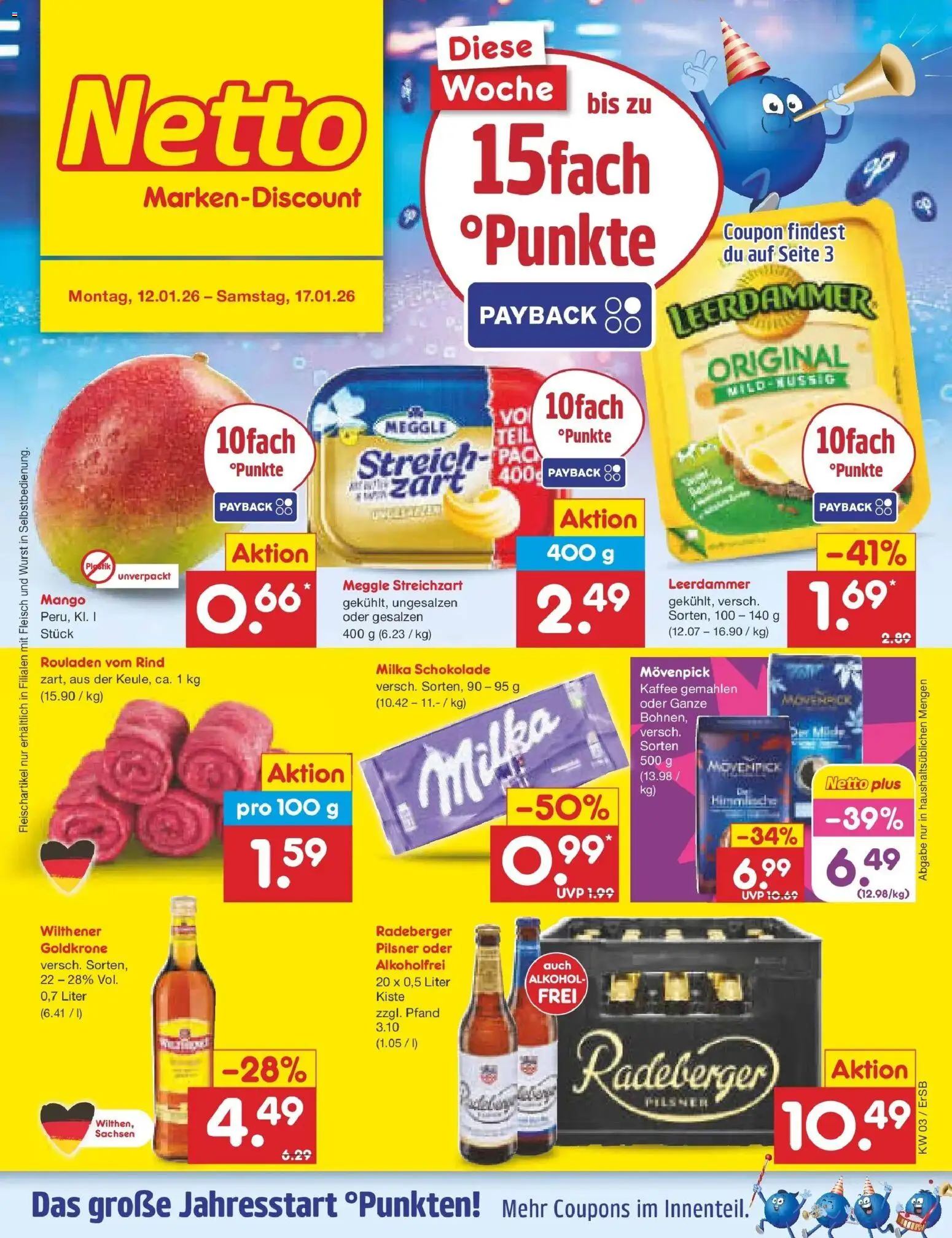 Netto Marken-Discount prospekt Nordhausen	 – gültig ab 12.01.2026 | Seite: 1 | Produkte: Wilthener, Milka schokolade, Leerdammer, Fleisch