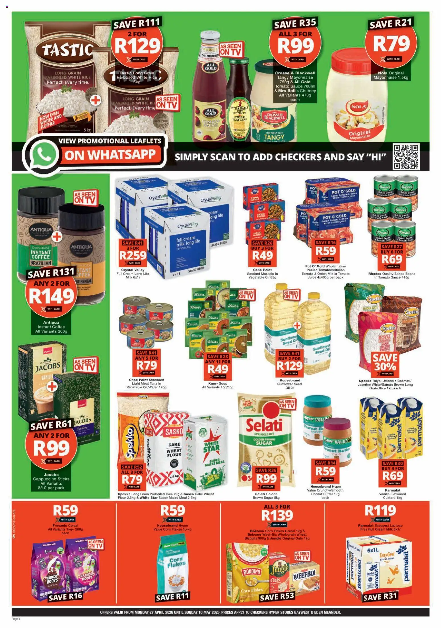 New Checkers catalogue – valid from 27.04.2026 | Page: 4 | Products: Custard, Chutney, Butter, Biscuits