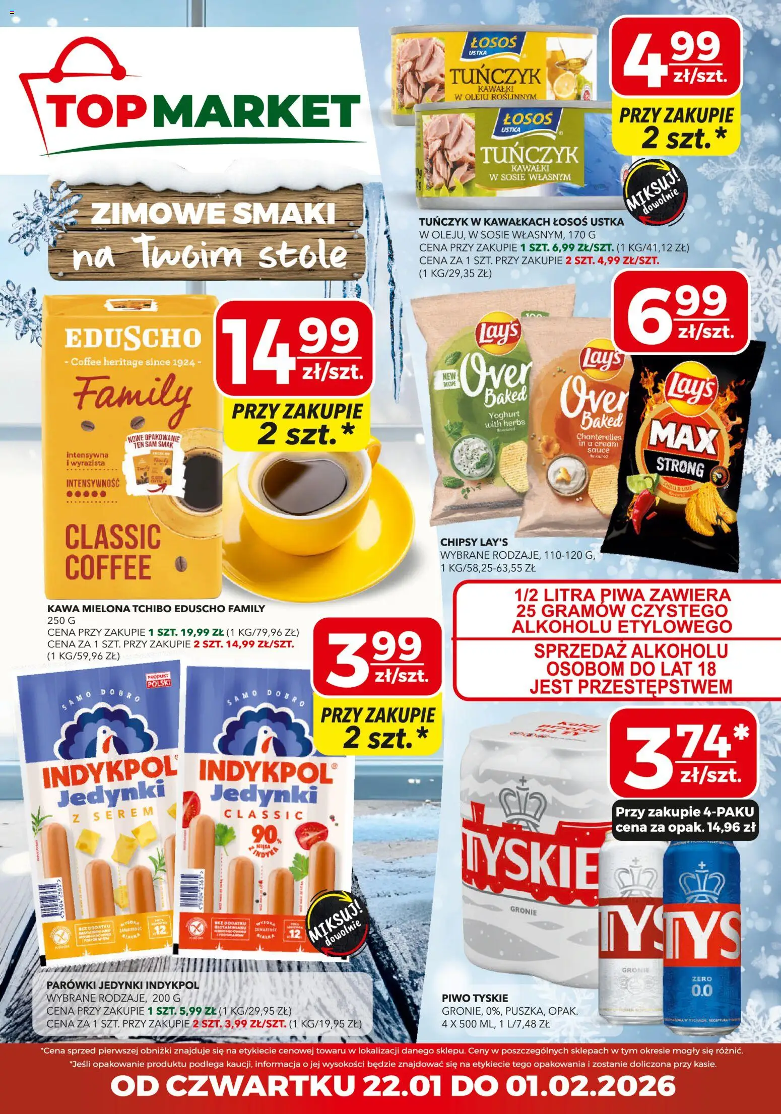 Top Market Gazetka od 22.01.2026 | Strona: 1 | Produkty: Chipsy, Łosoś, Tuńczyk, Tyskie