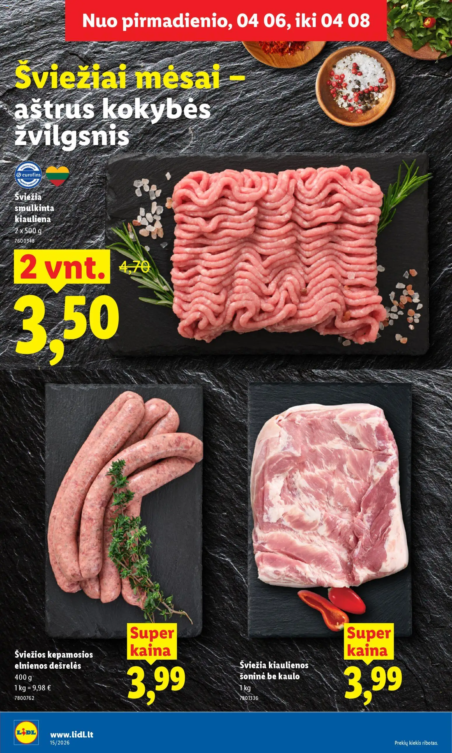 LIDL akcijos nuo 06.04.2026 | Puslapis: 6 | Prekių: Kiaulienos, Dešrelės, Kiauliena