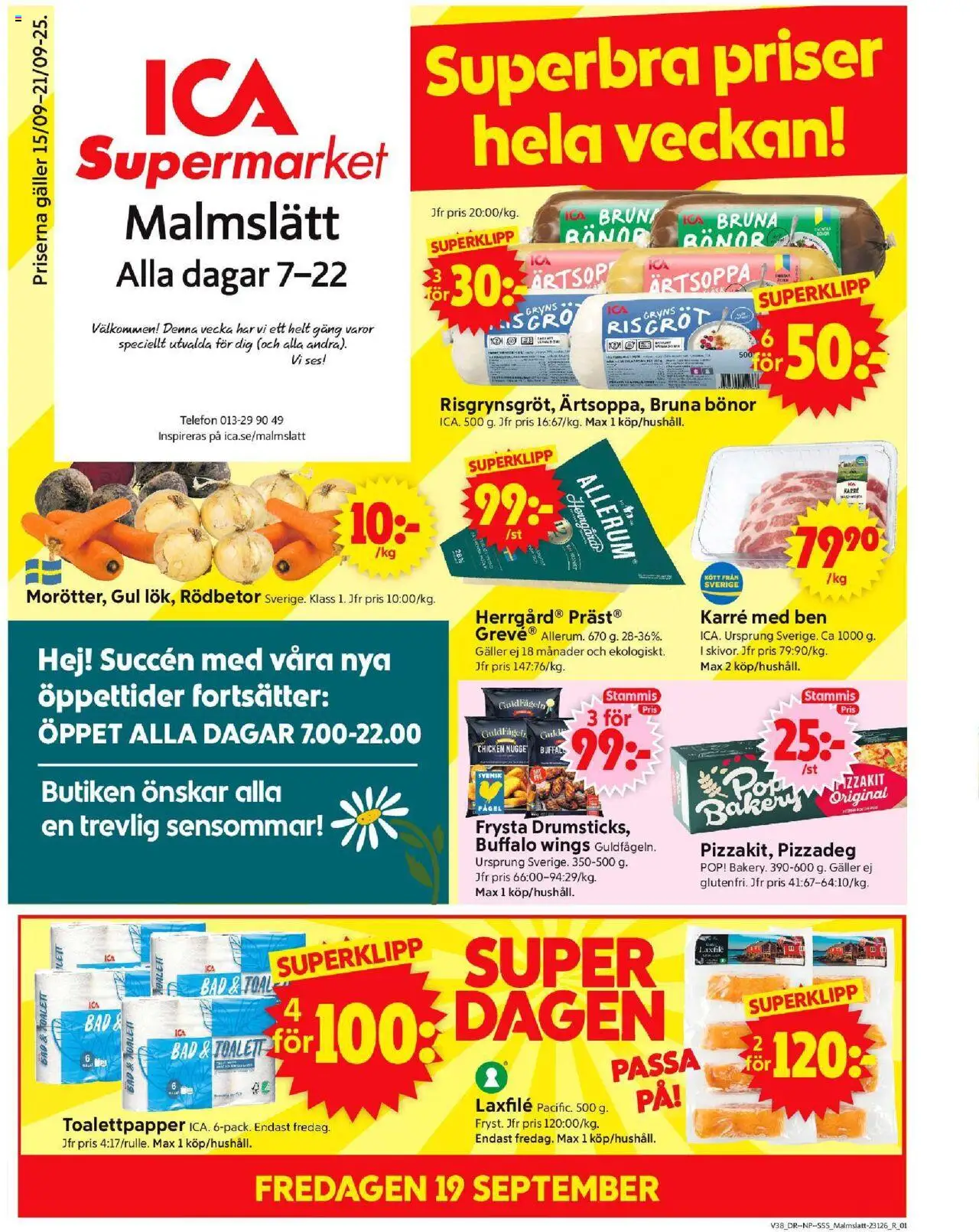 ICA Supermarket reklamblad aktuell från 15.09.2025 | Sida: 1 | Produkter: Toalettpapper, Galler, Toalett, Bönor